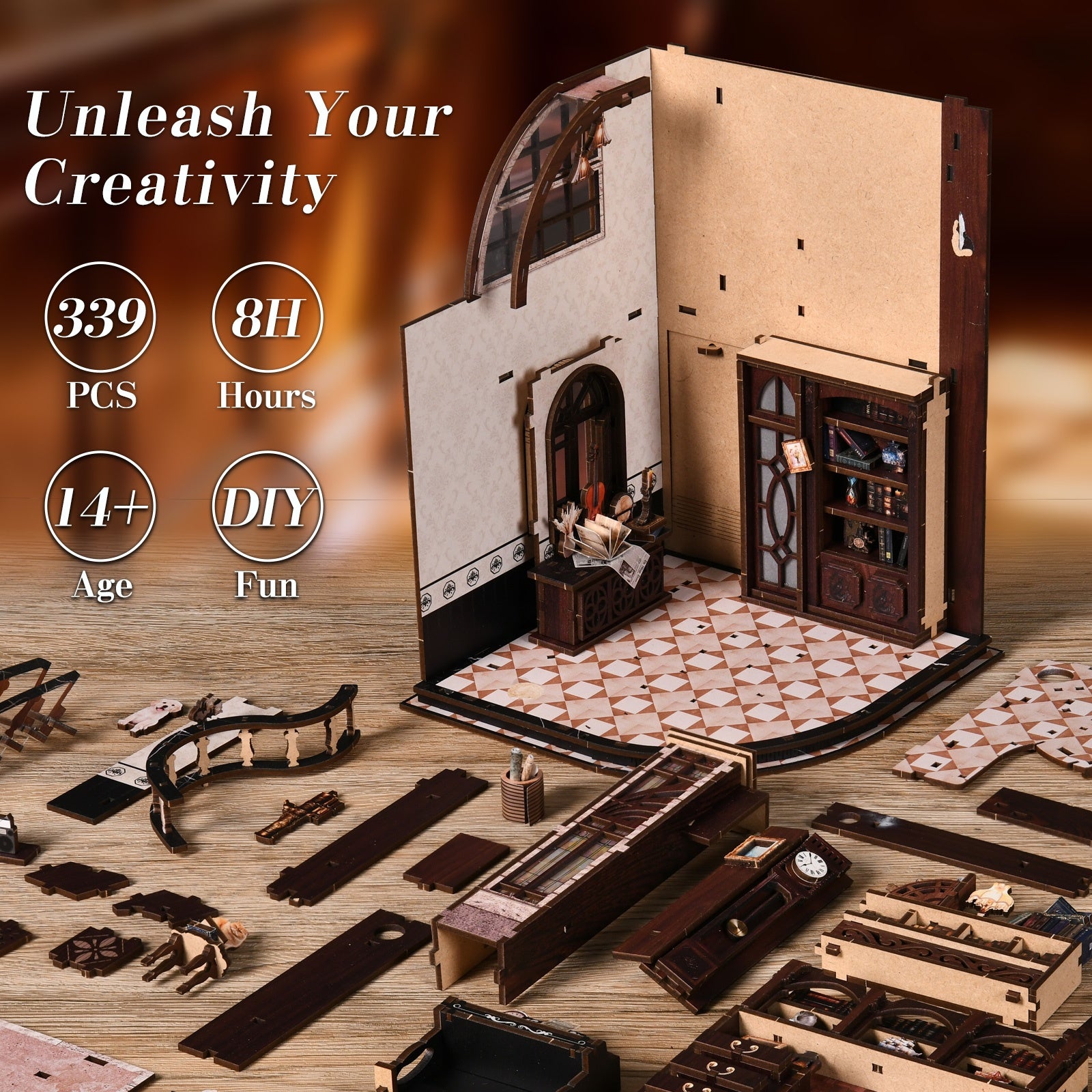 Bacchus Bookstore DIY Miniature Kit with LED Light - assembly process