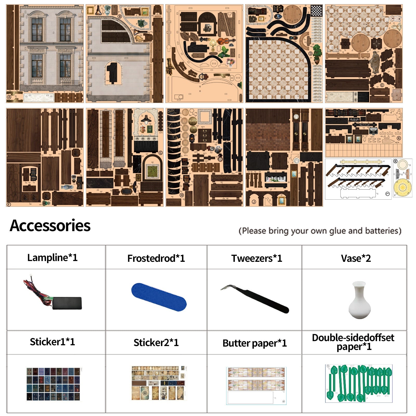 Bacchus Bookstore DIY Miniature Kit with LED Light - accessories overview