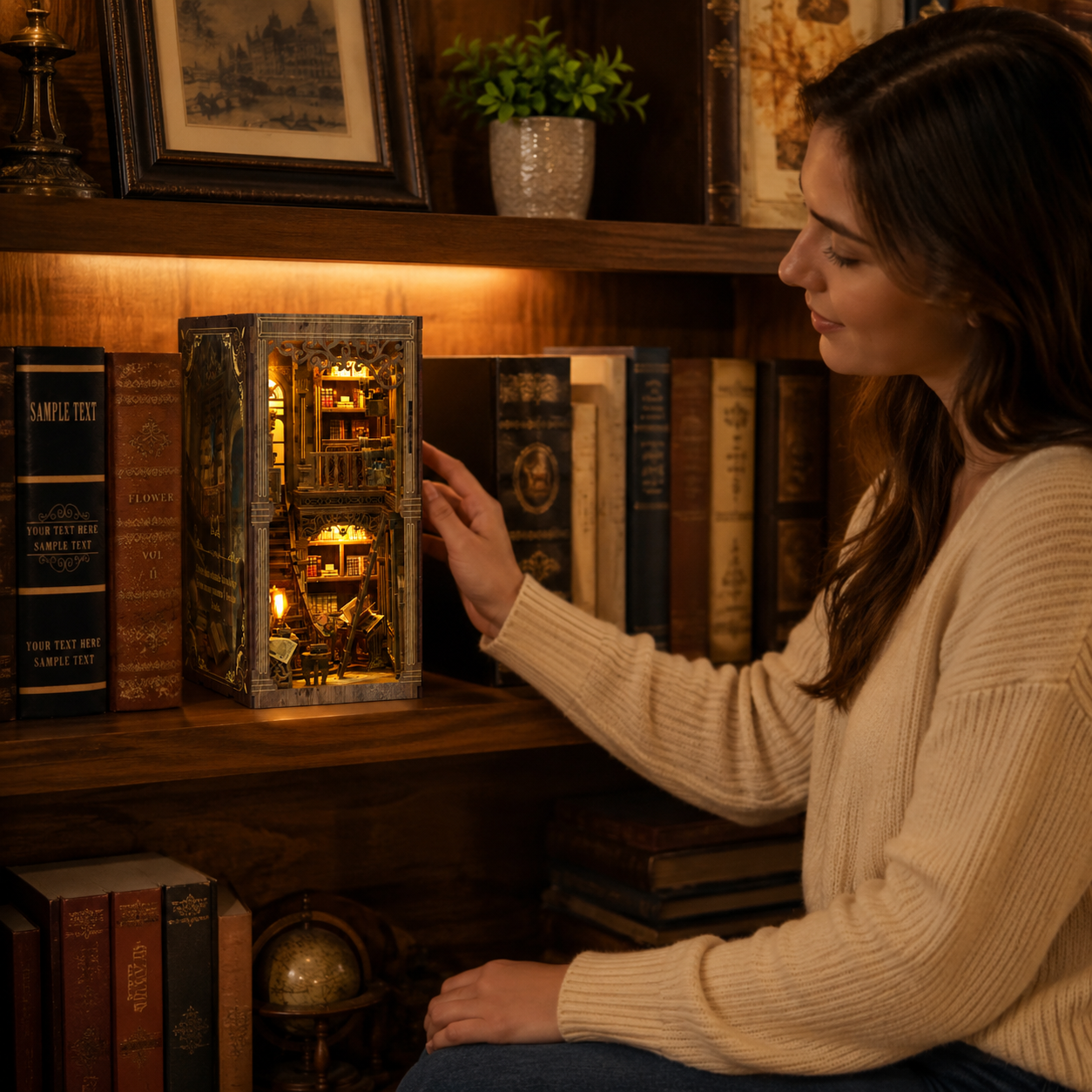 Antique Book Collection Room DIY Book Nook Kit with LED Light displayed on a bookshelf with a person