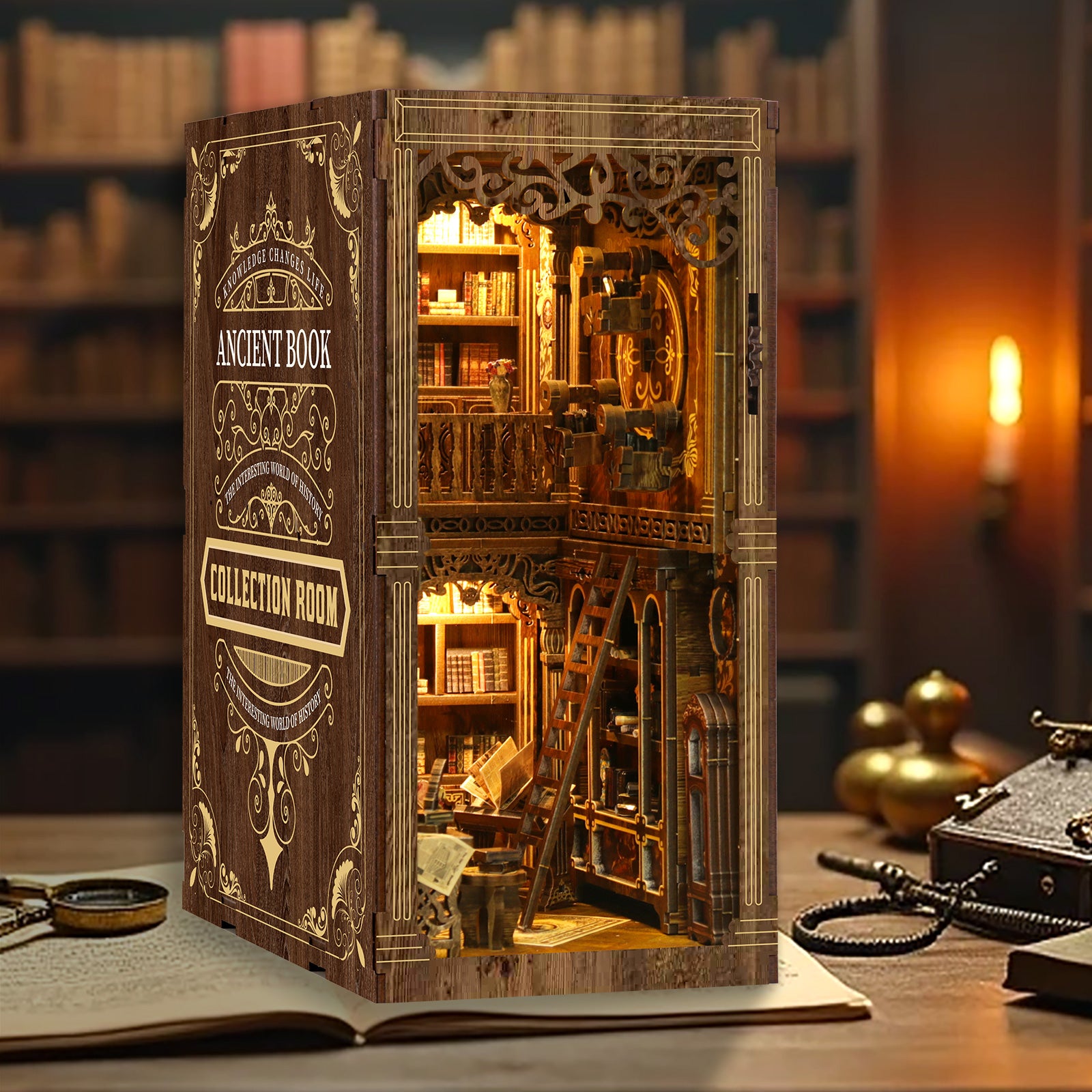 Antique Book Collection Room DIY Book Nook Kit with LED Light on a library desk