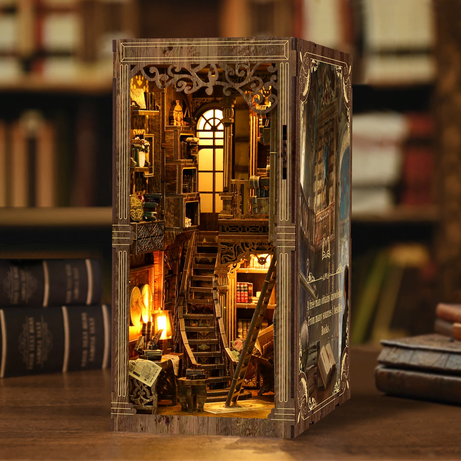 Antique Book Collection Room DIY Book Nook Kit with LED Light displayed on a bookshelf