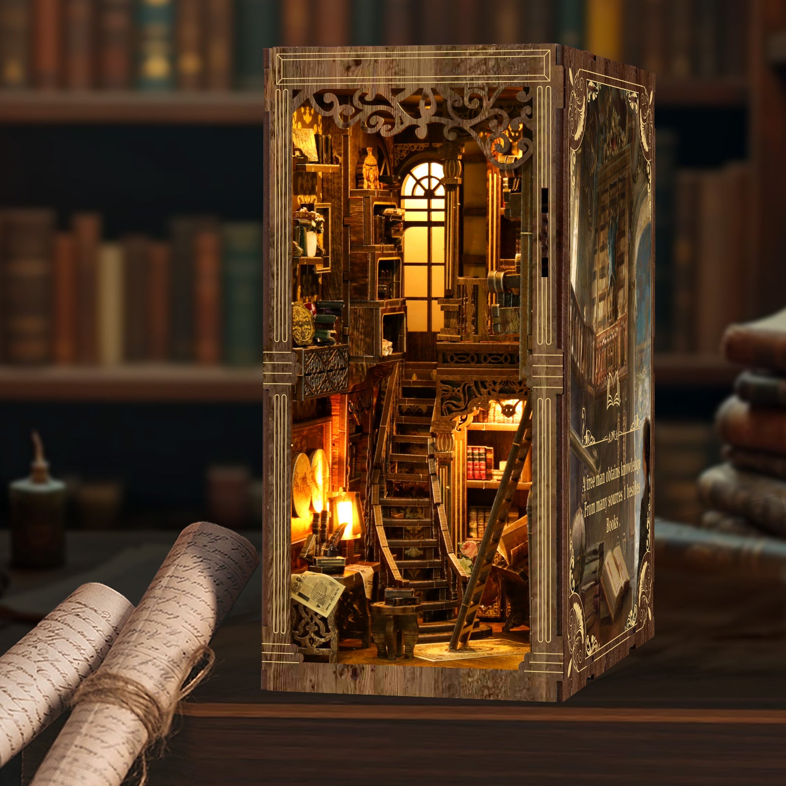 Antique Book Collection Room DIY Book Nook Kit with LED Light close-up interior detail