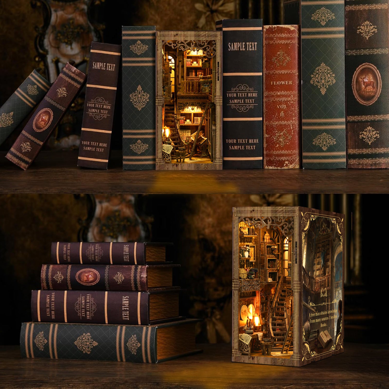 Antique Book Collection Room DIY Book Nook Kit with LED Light styled with vintage books