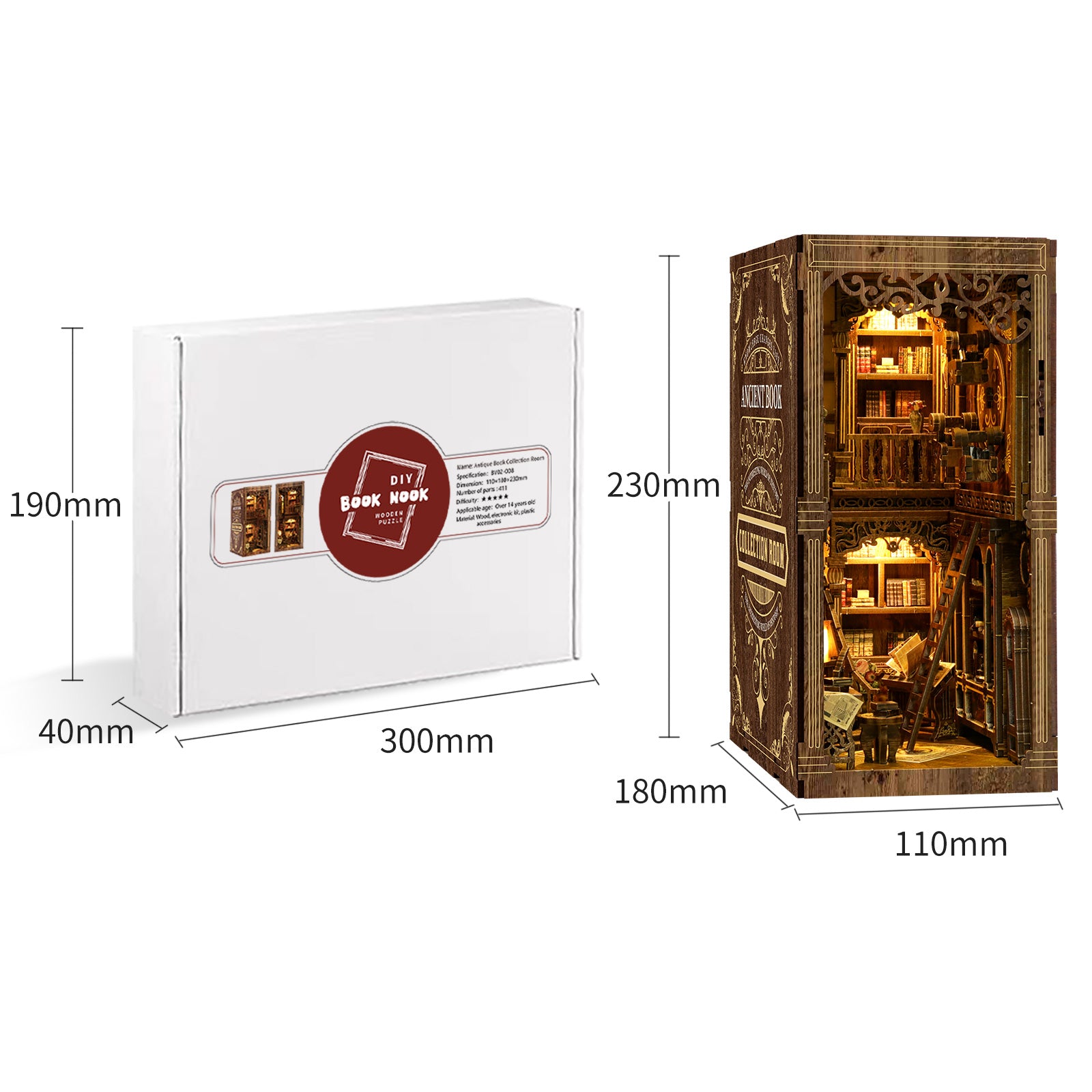 Antique Book Collection Room DIY Book Nook Kit with LED Light product size information