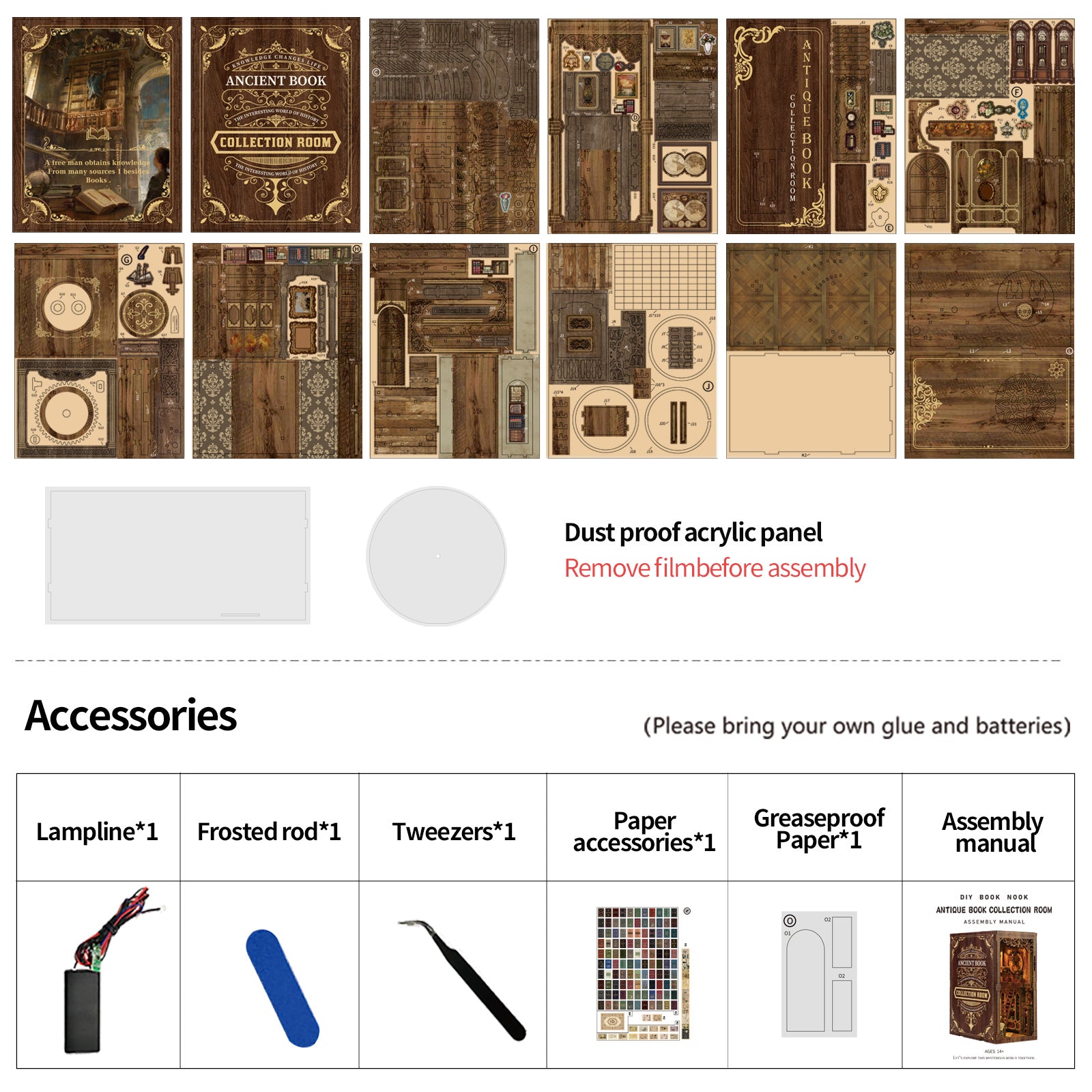 Antique Book Collection Room DIY Book Nook Kit with LED Light included accessories