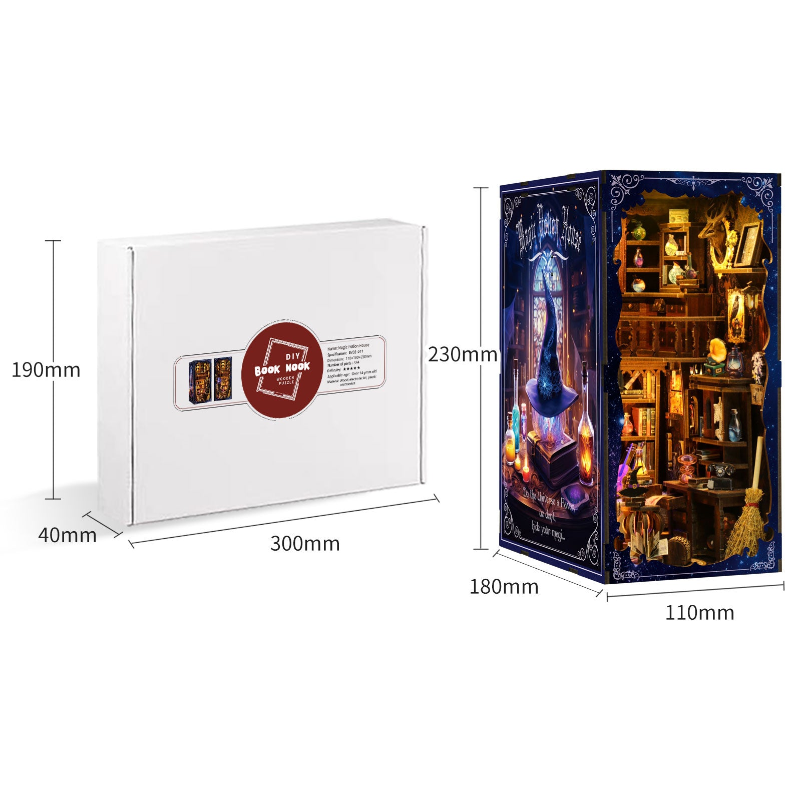 Magic Potion House DIY Book Nook Kit with LED Light - size information