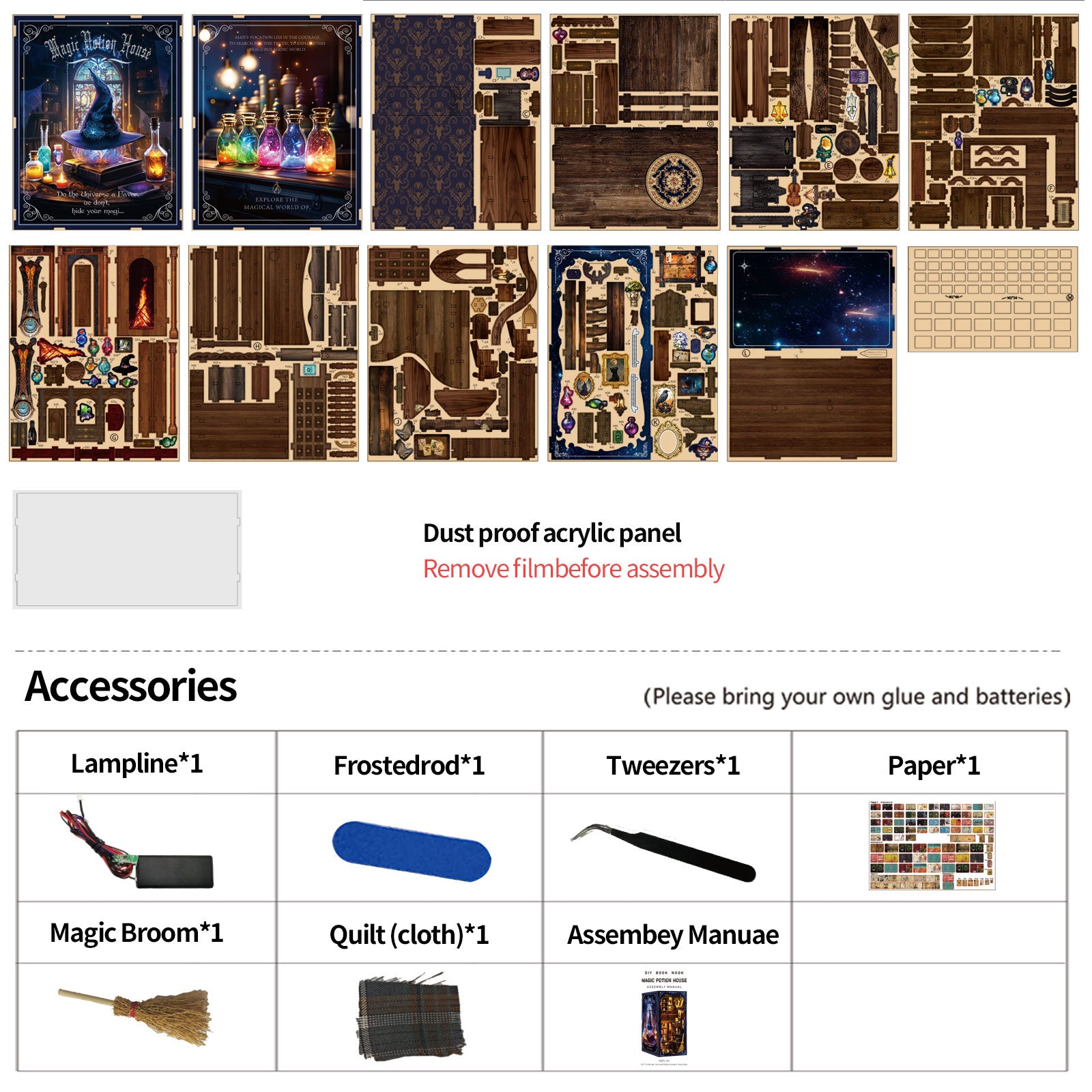 Magic Potion House DIY Book Nook Kit with LED Light - accessories overview