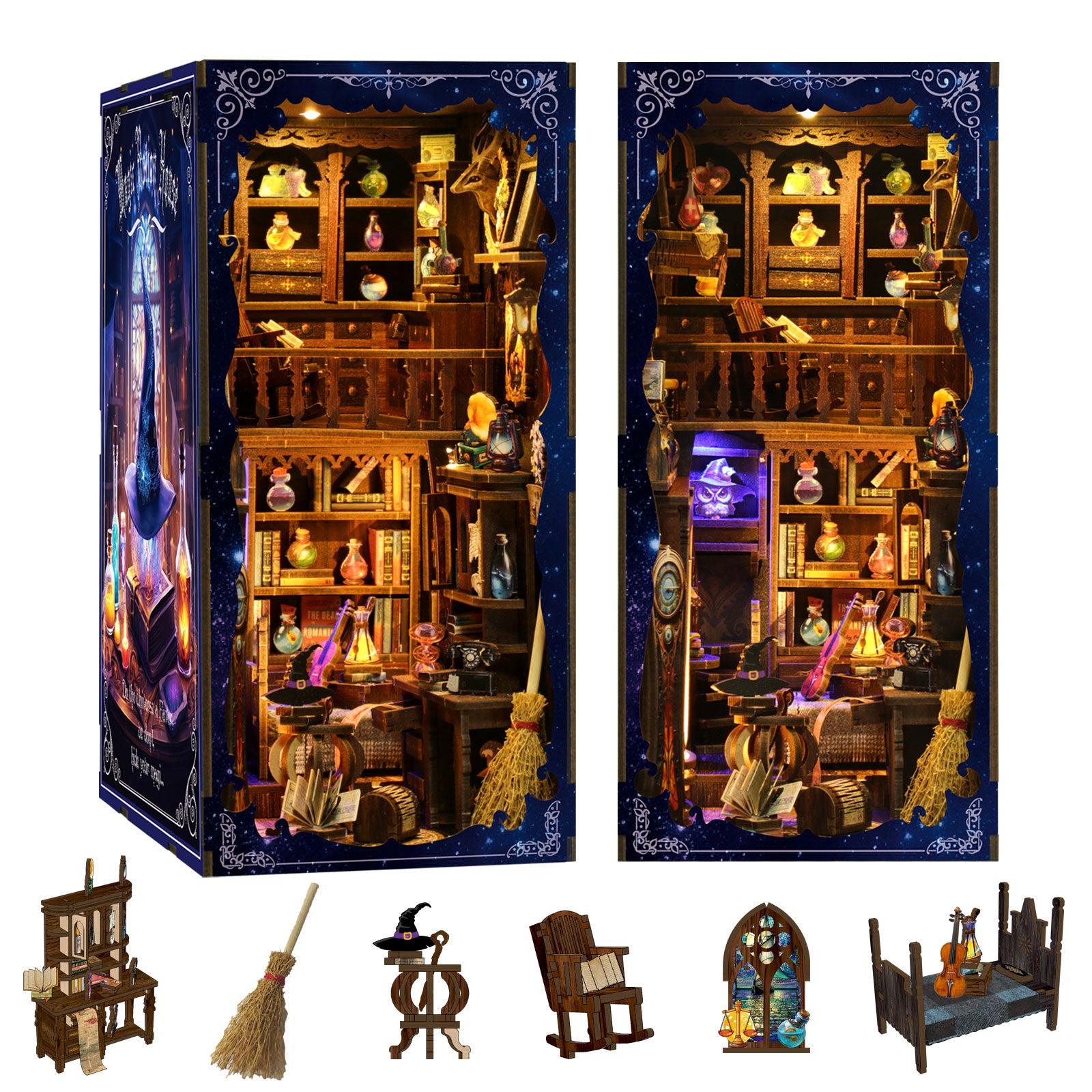 Magic Potion House DIY Book Nook Kit with LED Light - parts display