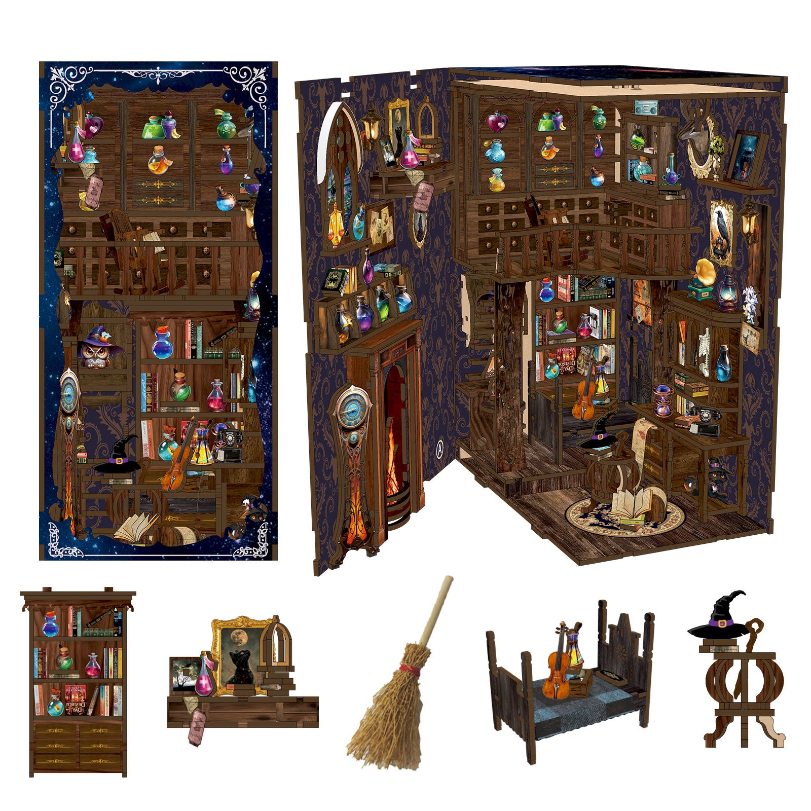 Magic Potion House DIY Book Nook Kit with LED Light - exploded parts view