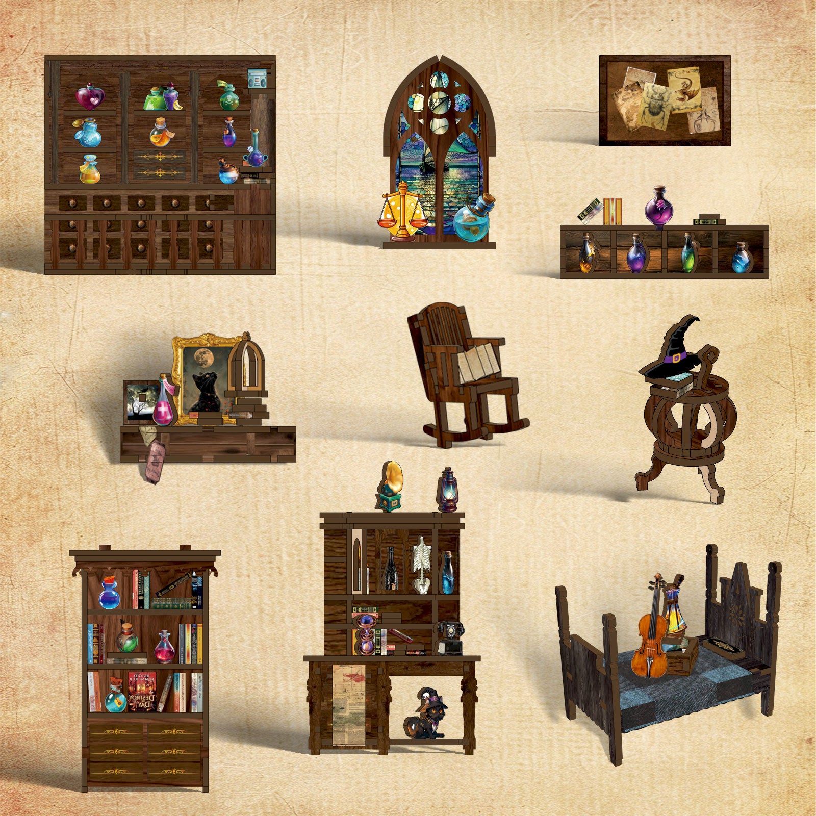 Magic Potion House DIY Book Nook Kit with LED Light - component layout