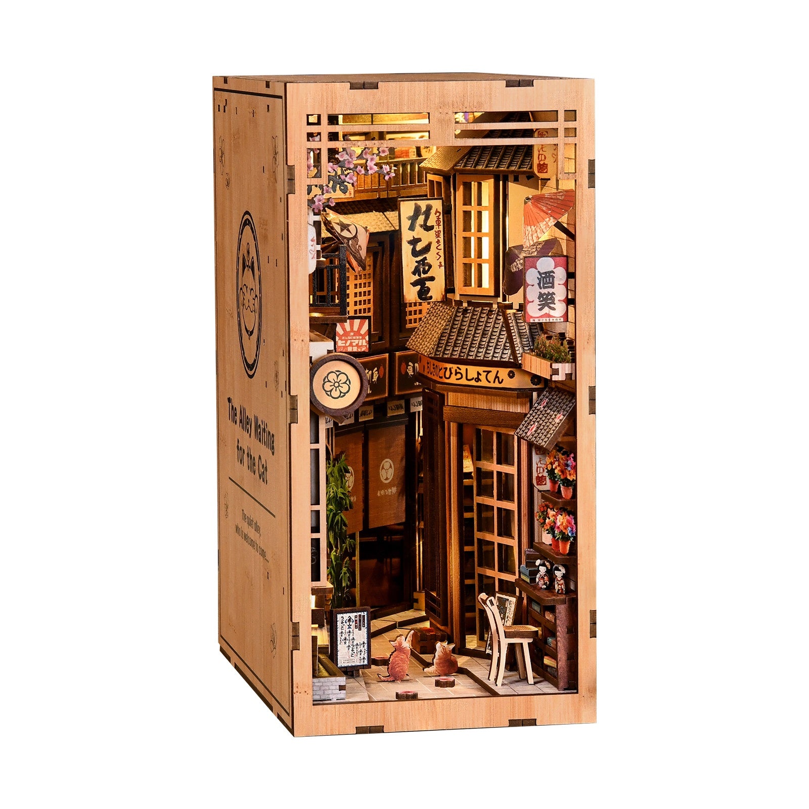 The Alley Waiting for the Cat DIY book nook kit with LED light, assembled front view