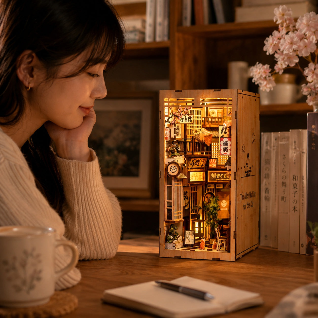 Person admiring The Alley Waiting for the Cat DIY book nook kit displayed with warm LED lighting