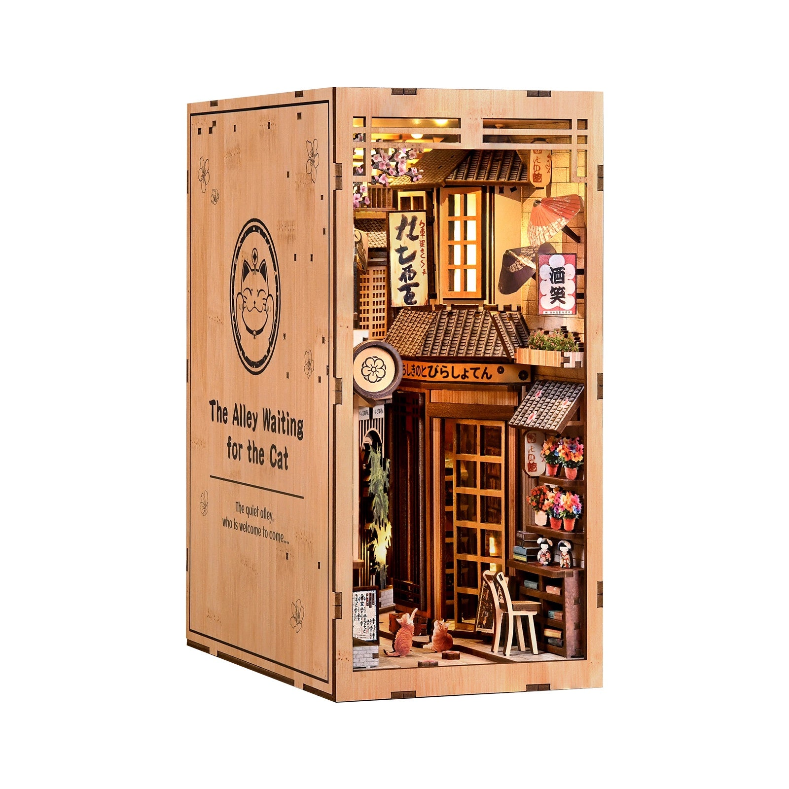 The Alley Waiting for the Cat DIY book nook kit side angle showing wooden outer case