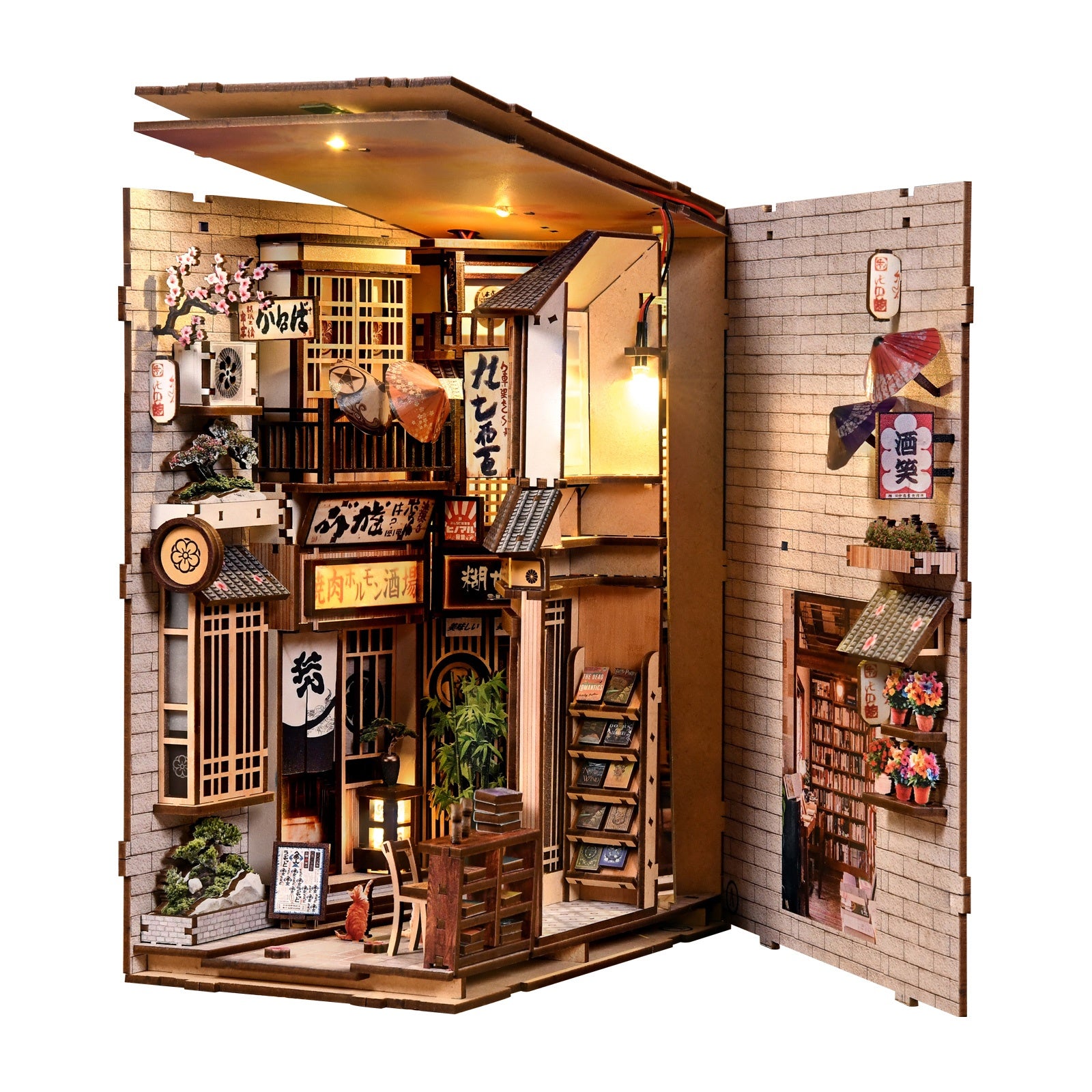 Open interior of The Alley Waiting for the Cat DIY book nook kit with detailed Japanese machiya street scene