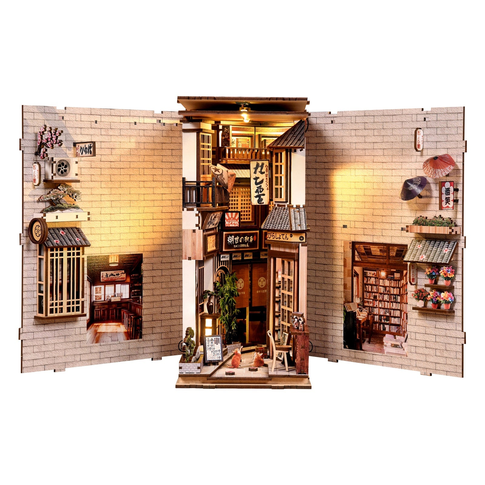 Fully opened The Alley Waiting for the Cat DIY book nook kit showing miniature alley and side panels