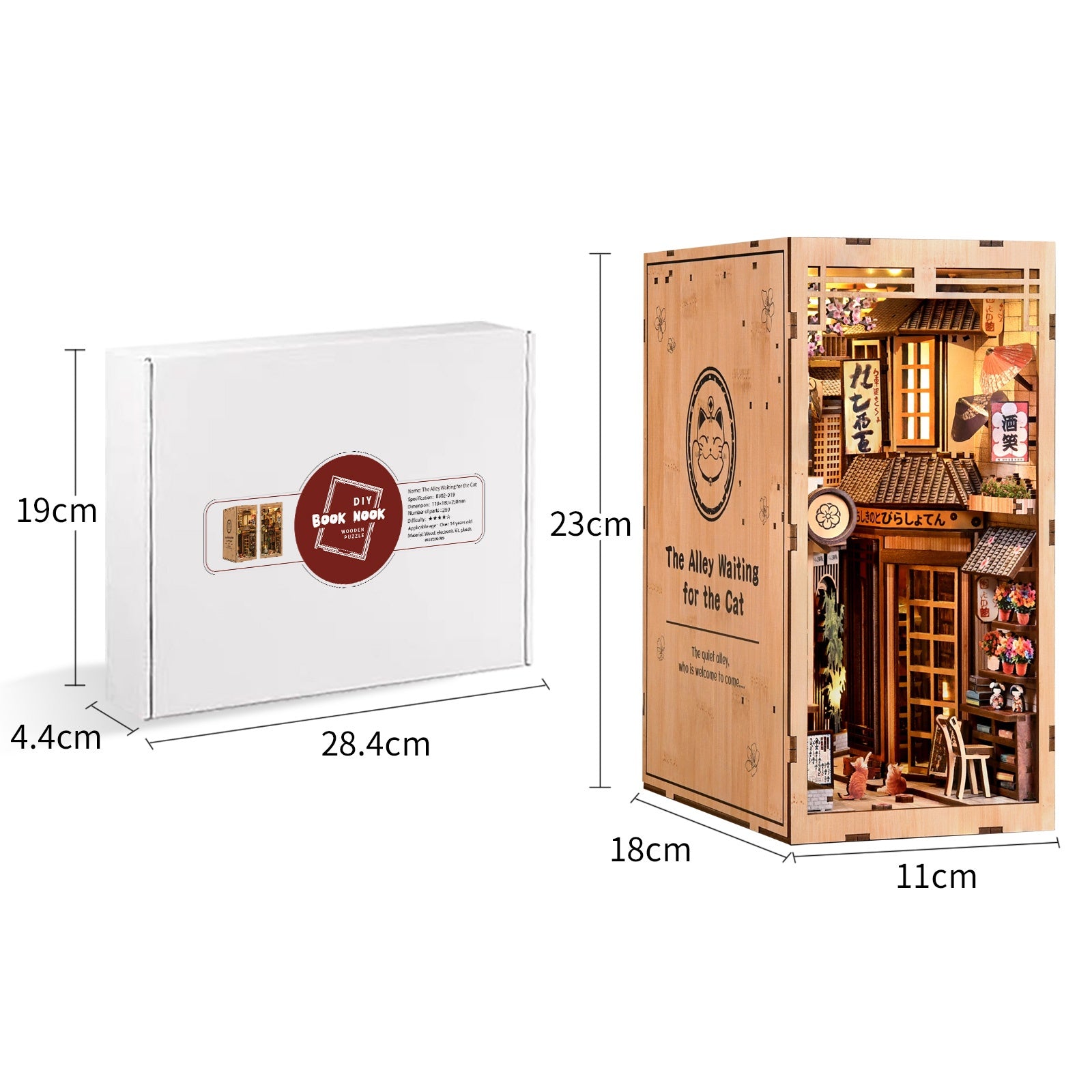 The Alley Waiting for the Cat DIY book nook kit product and package size information
