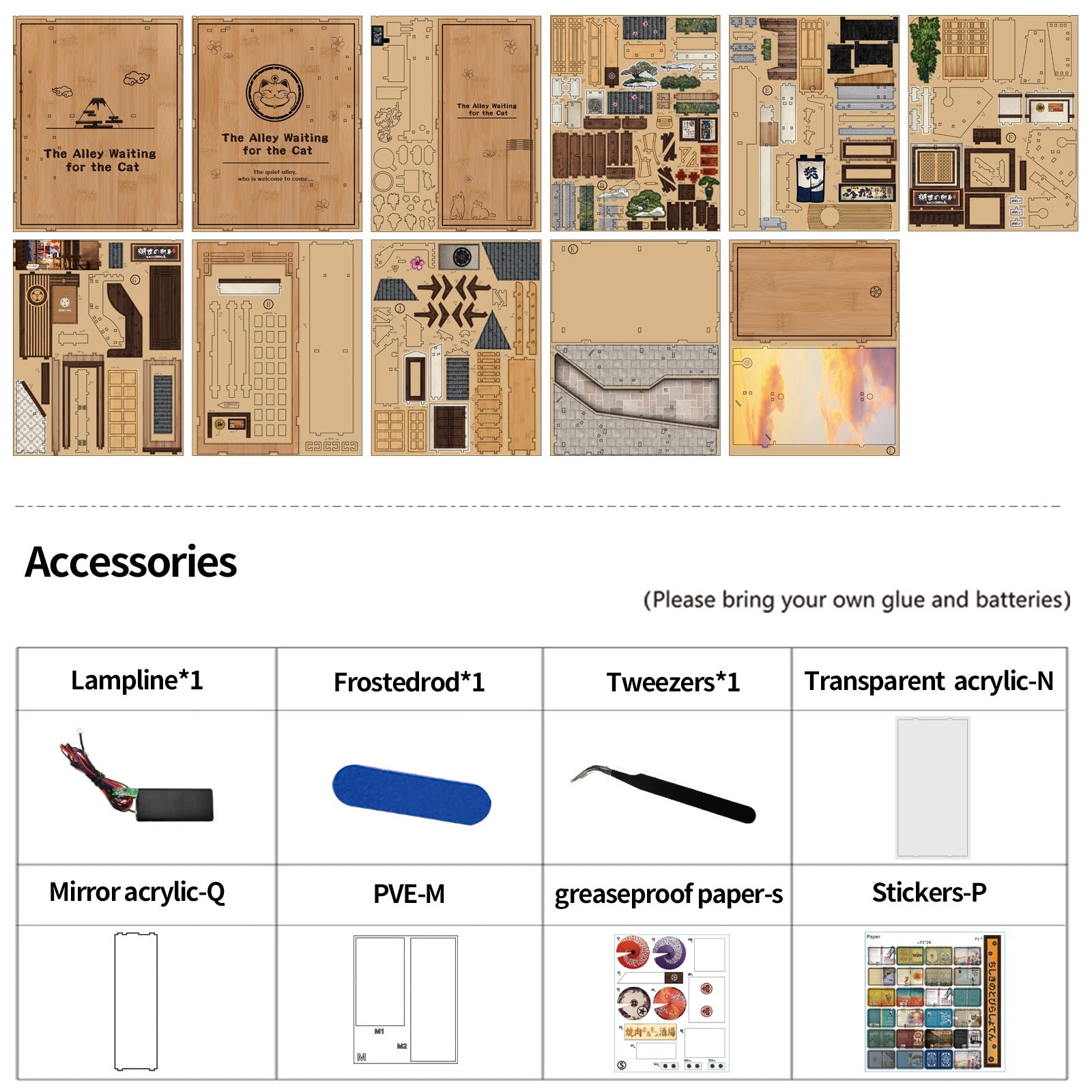 The Alley Waiting for the Cat DIY book nook kit included parts and tools information