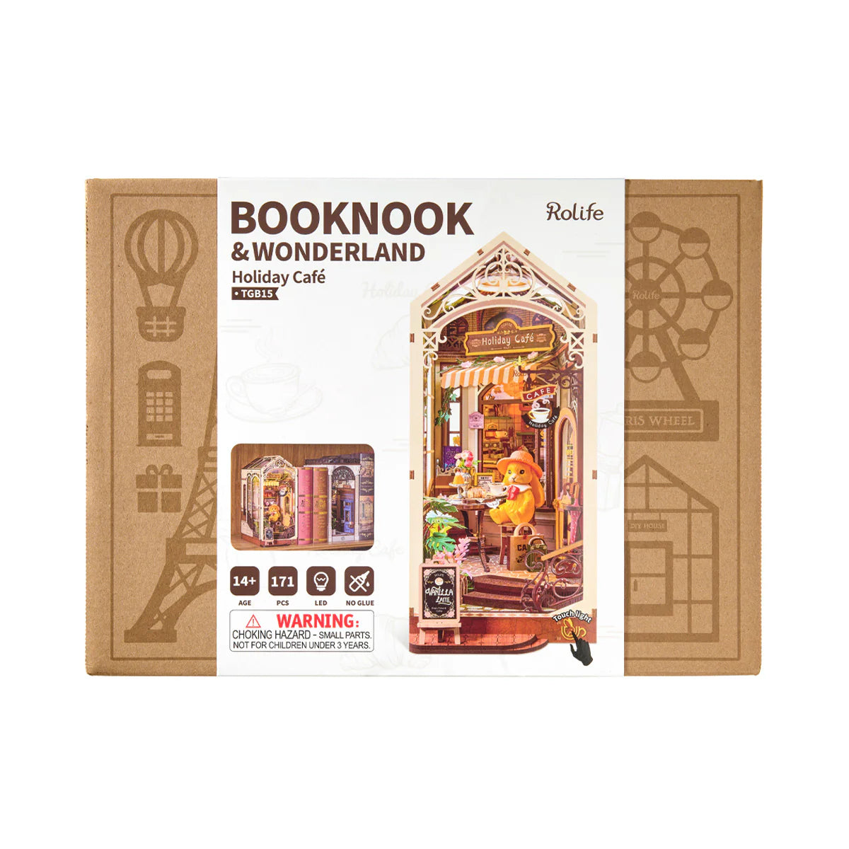 Rolife TGB15 Holiday Café DIY Book Nook | 3D Miniature Shelf Insert with LED Lights for Bookshelves
