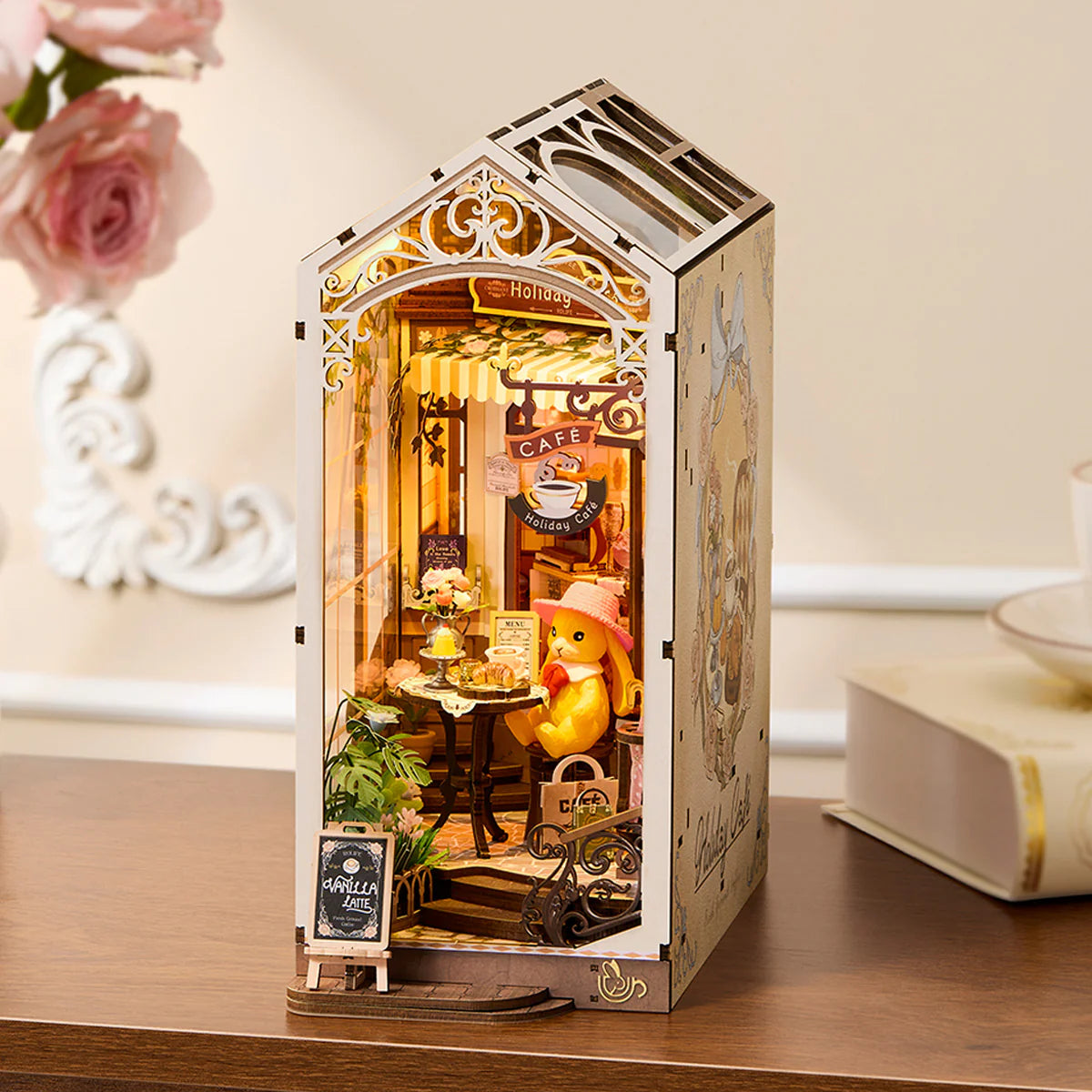 Rolife TGB15 Holiday Café DIY Book Nook | 3D Miniature Shelf Insert with LED Lights for Bookshelves