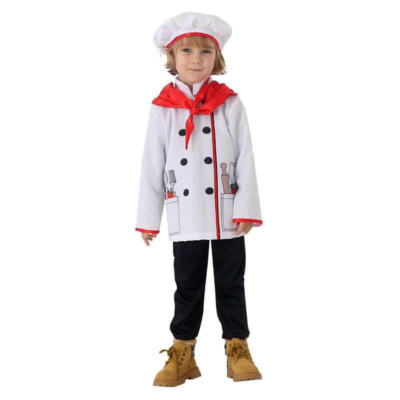 Little Chef Kitchen Chief Cook Costumes for Girls Boys Halloween Party Cosplay Outfit Kids Role Play Dress Up Cooker Suit Set