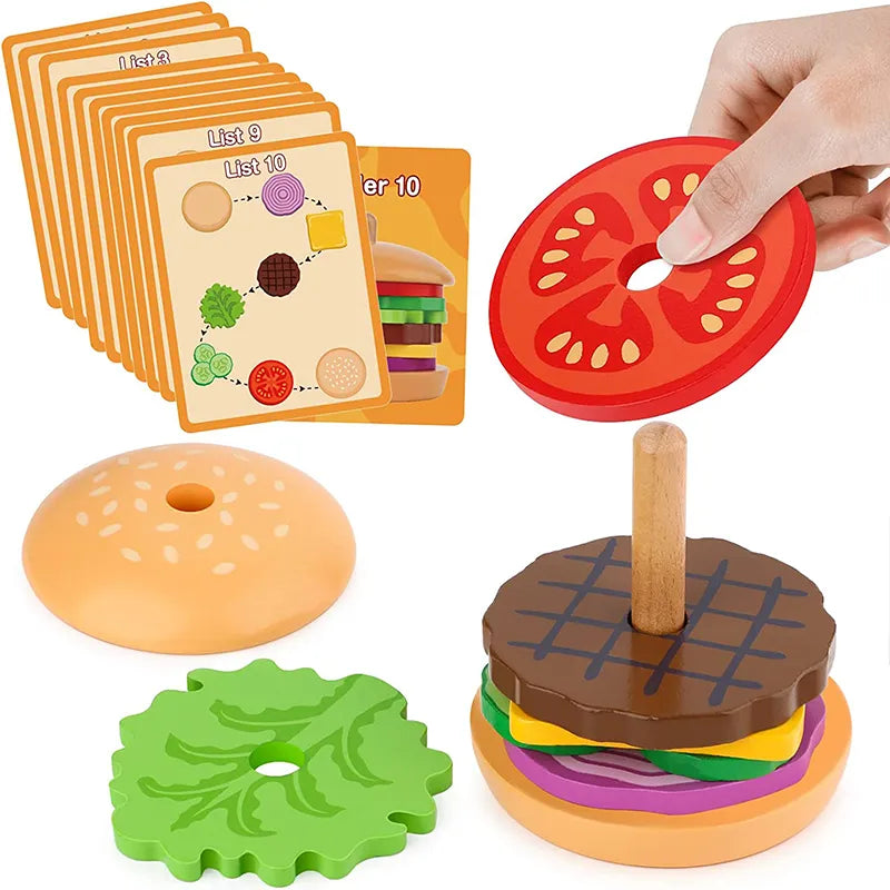 Montessori Wooden Simulation Food Stacking Toys for Toddlers Kids Preschool Educational Shape Matching Toys Fine Motor Skill Toy
