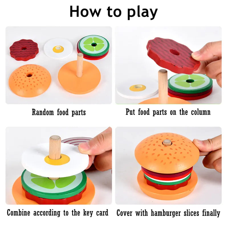 Montessori Wooden Simulation Food Stacking Toys for Toddlers Kids Preschool Educational Shape Matching Toys Fine Motor Skill Toy