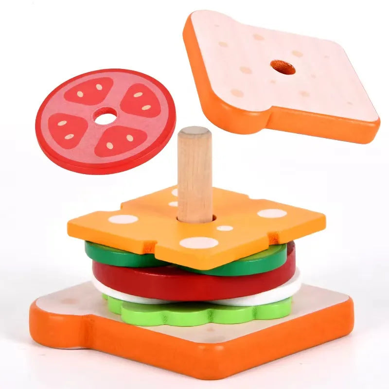 Montessori Wooden Simulation Food Stacking Toys for Toddlers Kids Preschool Educational Shape Matching Toys Fine Motor Skill Toy