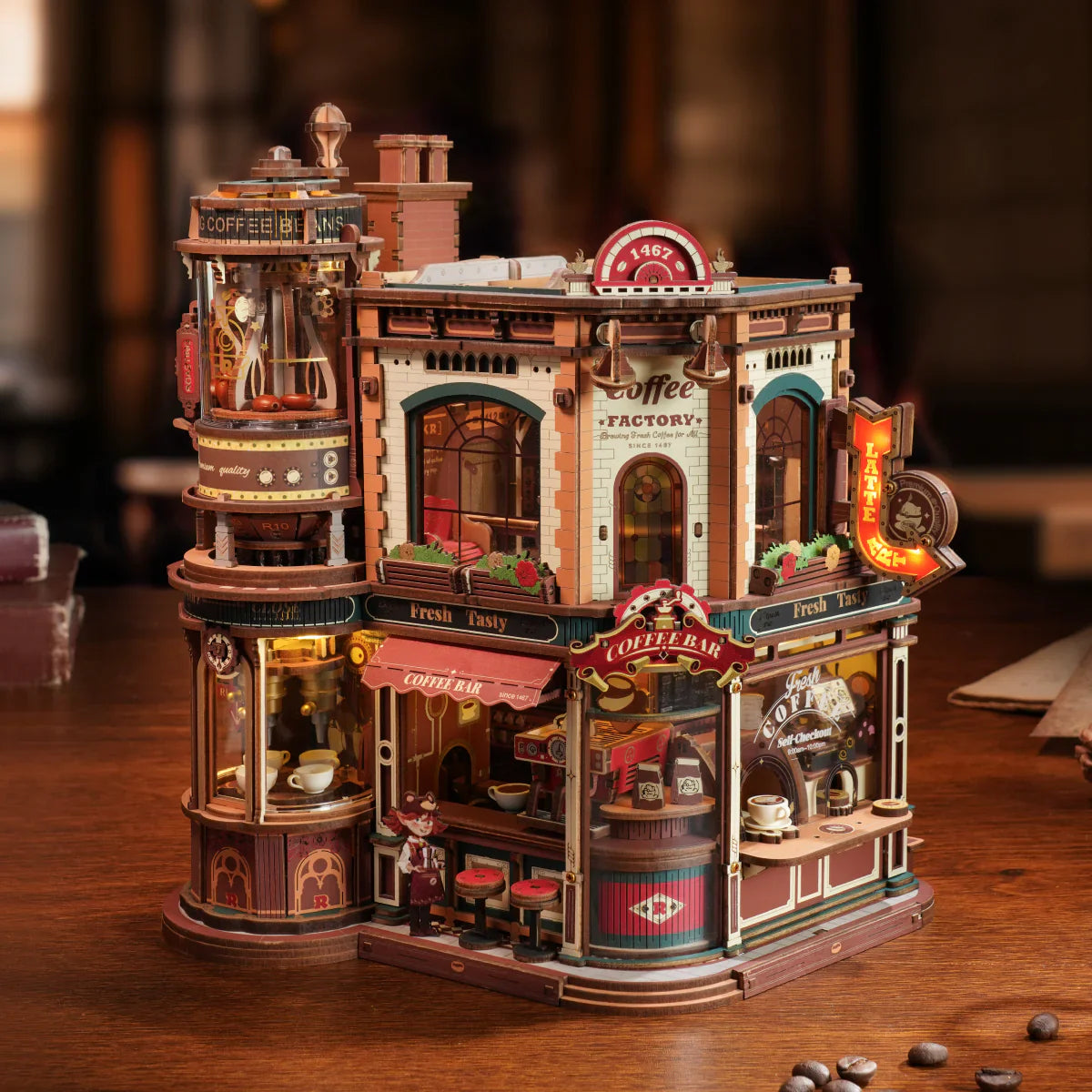 Rolife Coffee Bar EAB02 DIY Miniature House Kit with detailed illuminated café display