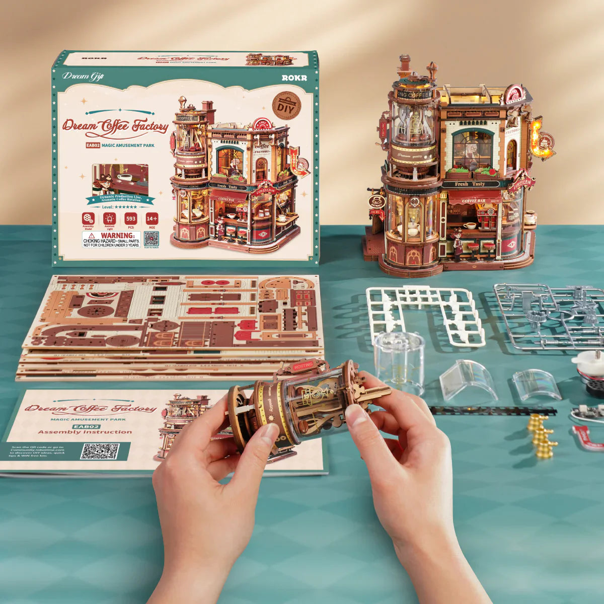 Rolife Coffee Bar EAB02 DIY Miniature House Kit parts, packaging and assembly display