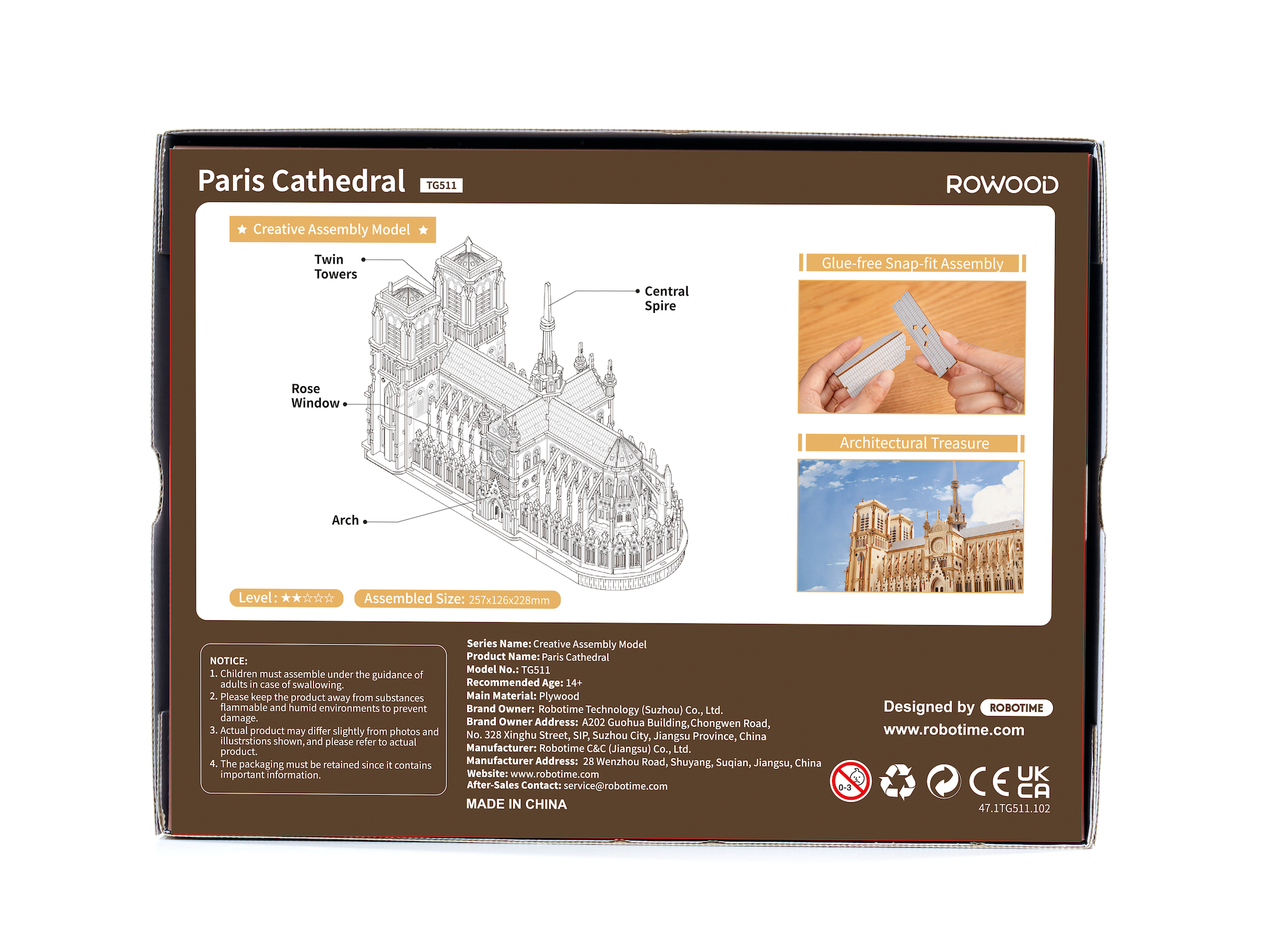 Rowood Paris Cathedral 3D Wooden Puzzle - TG511 | DIY Gothic Architecture Model with LED Lights for Adults