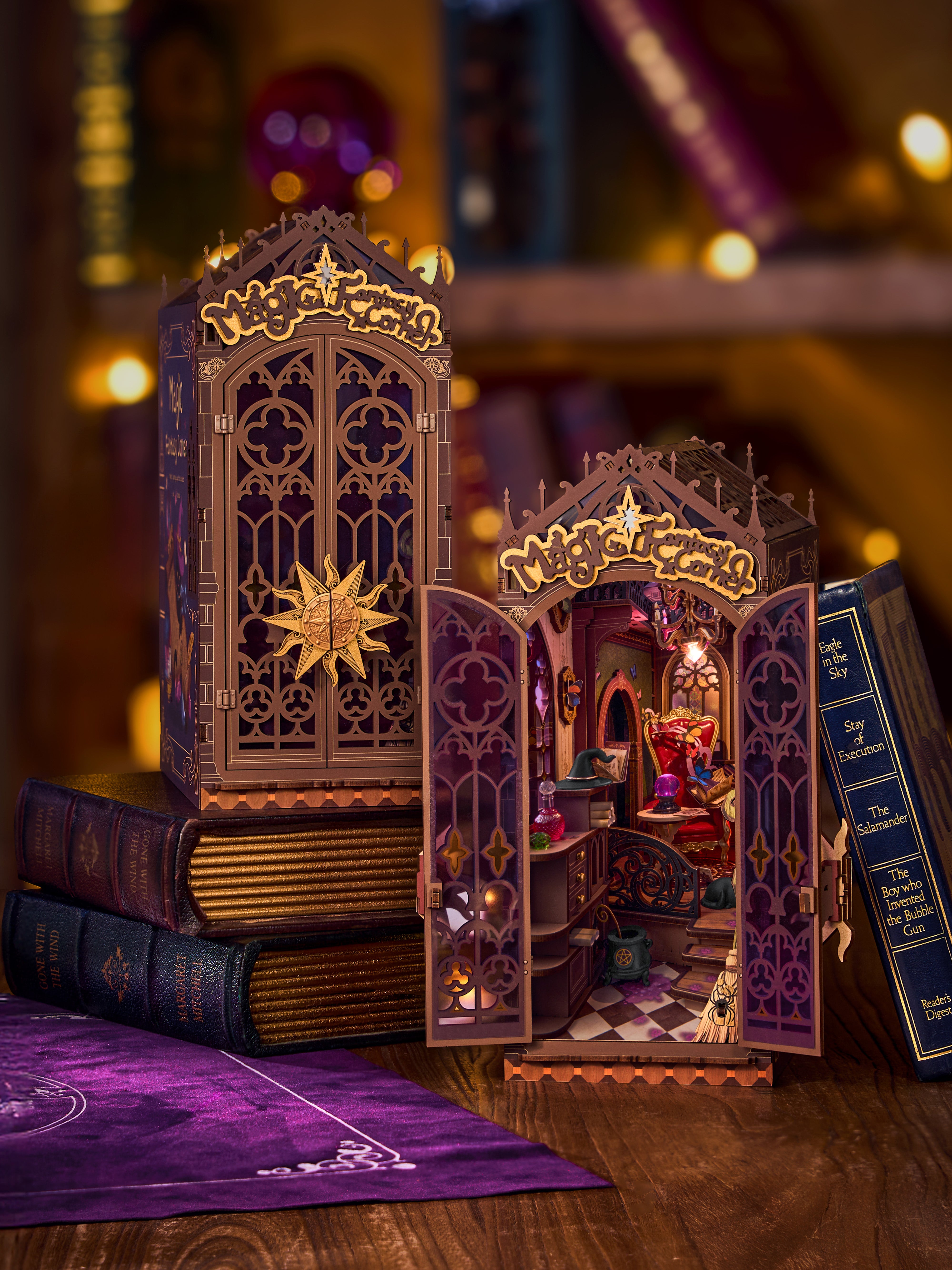 Rolife TGB14 Magic Fantasy Corner DIY Book Nook | 3D Miniature Shelf Insert with LED Lights for Bookshelves