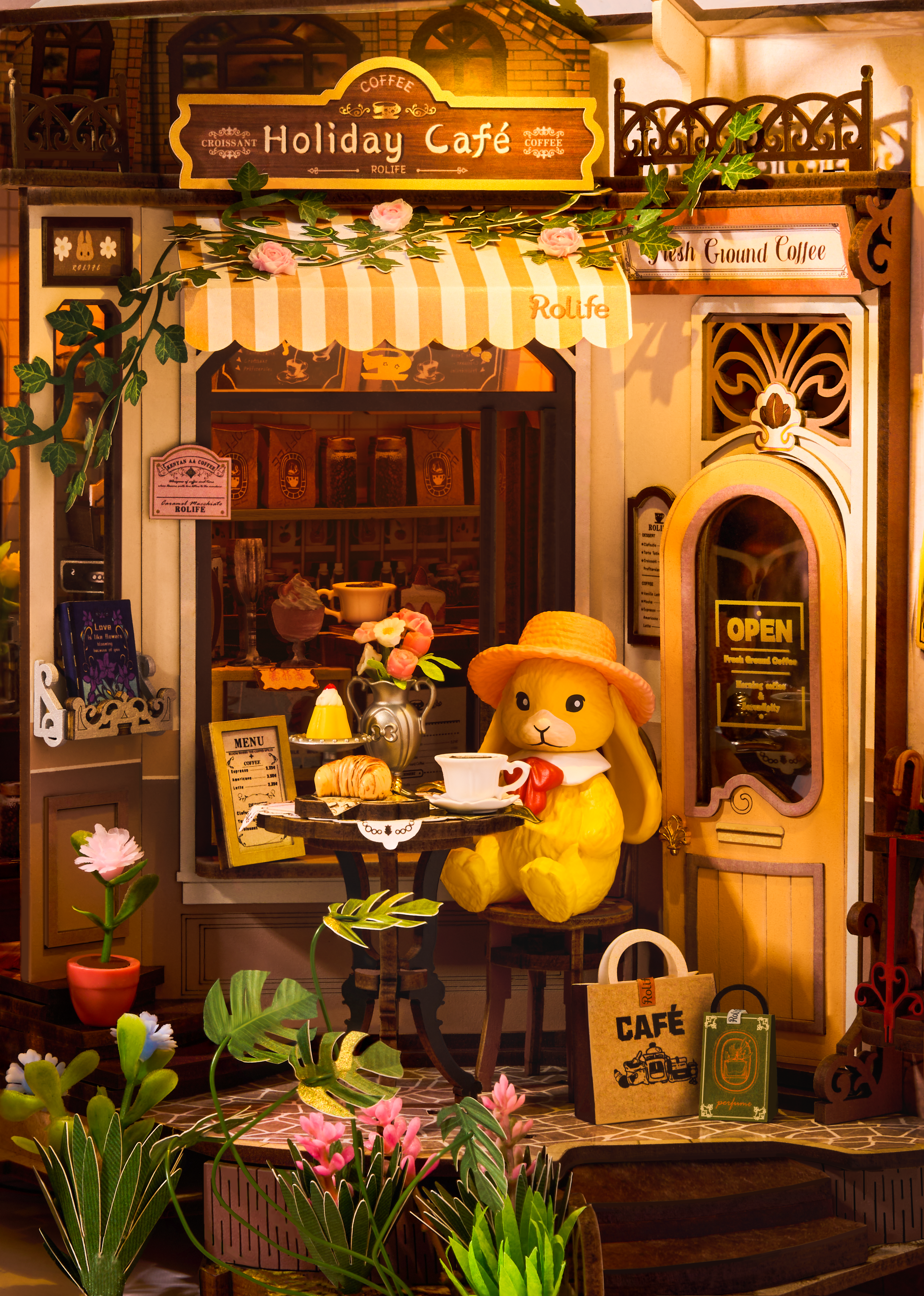 Rolife TGB15 Holiday Café DIY Book Nook | 3D Miniature Shelf Insert with LED Lights for Bookshelves