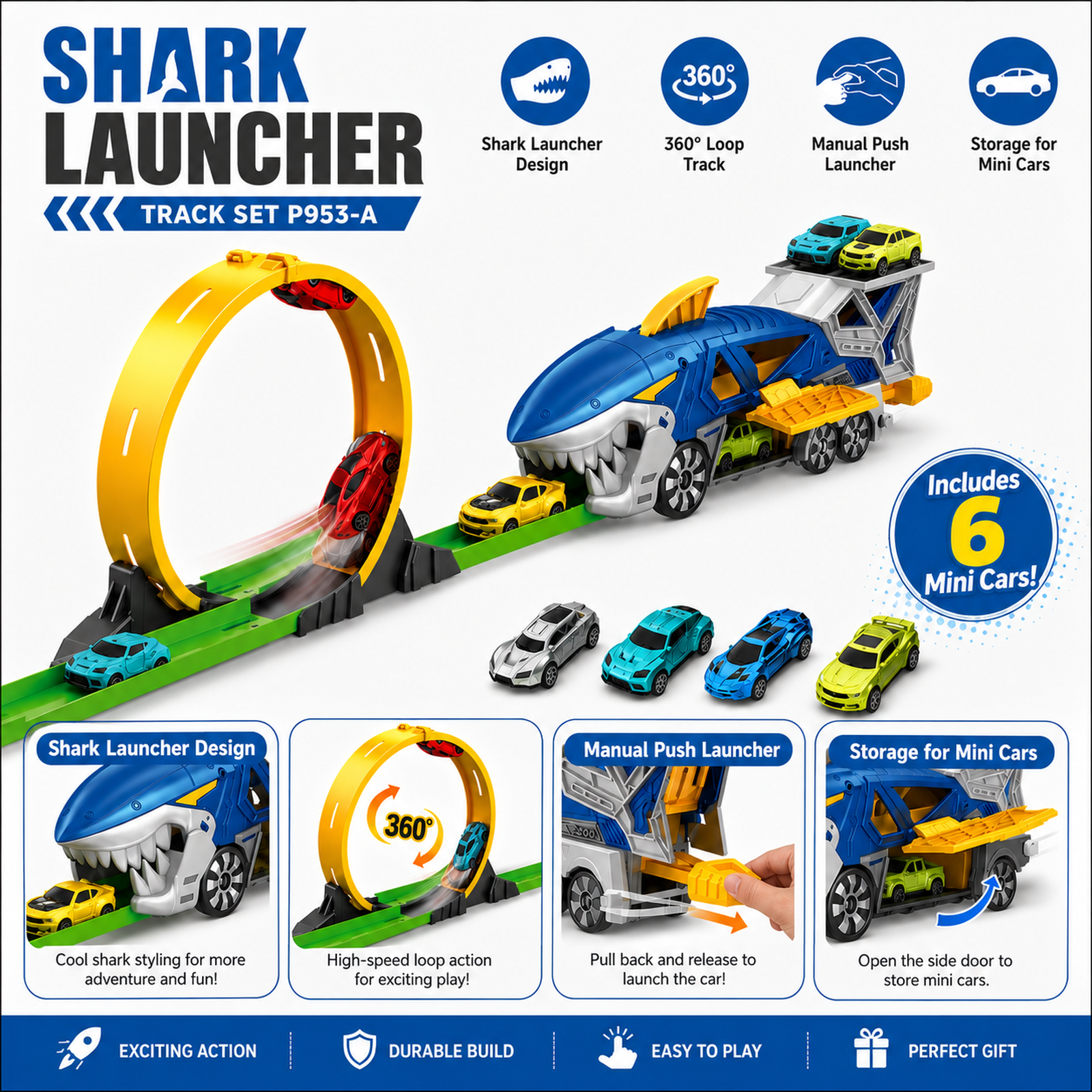 Shark catapult toy car launcher track set feature overview