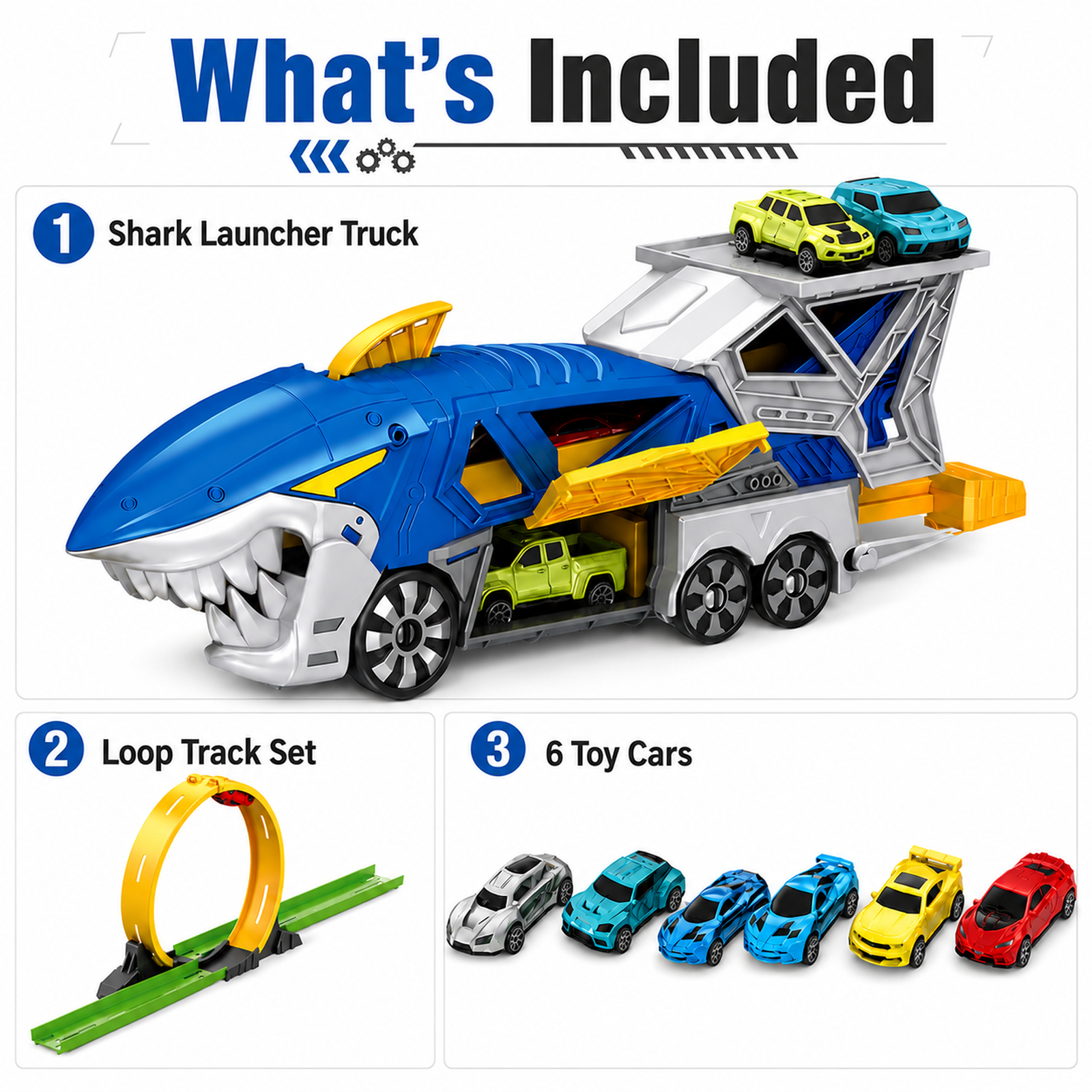 Shark launcher playset with loop track and 6 toy cars included