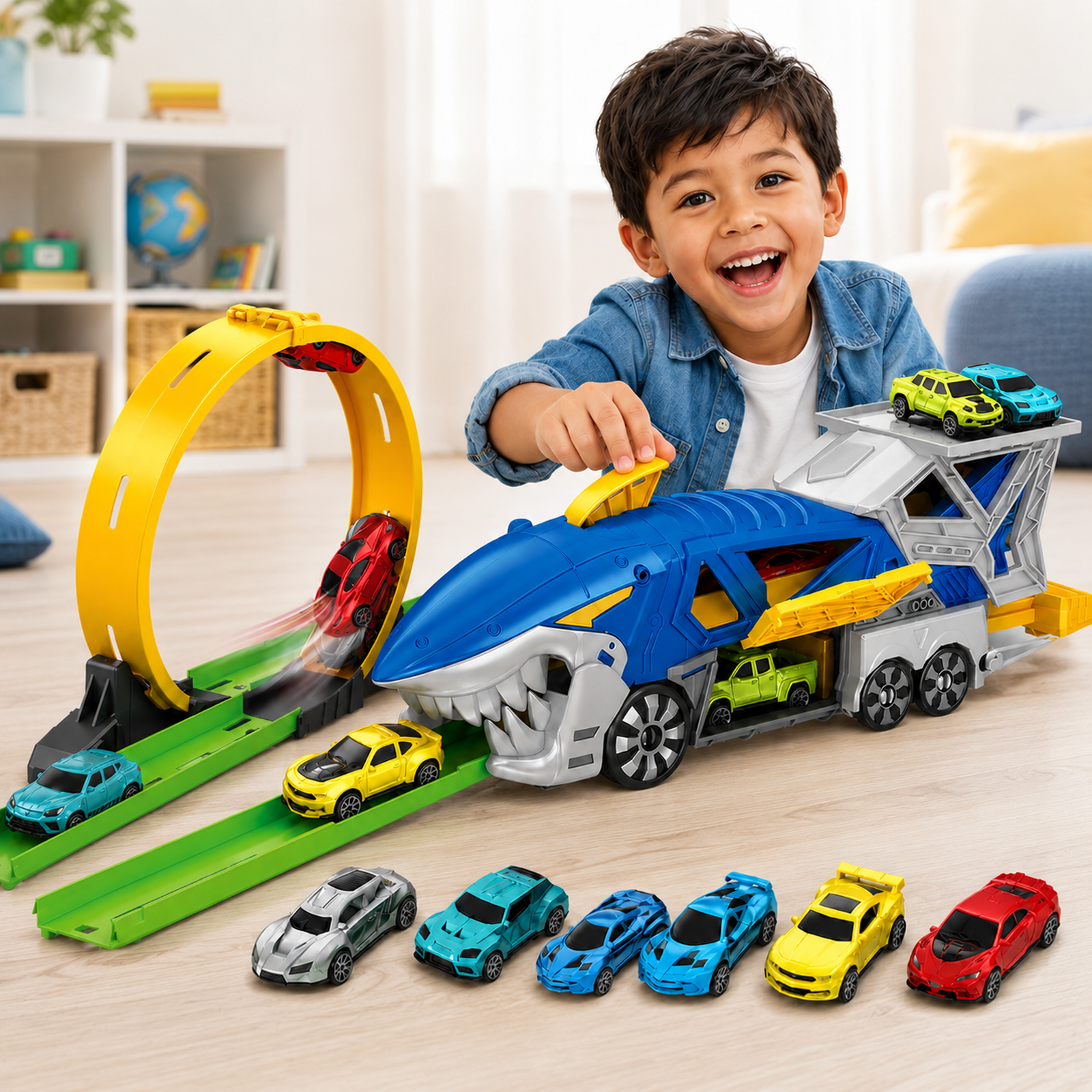 Shark toy car launcher track set lifestyle play scene