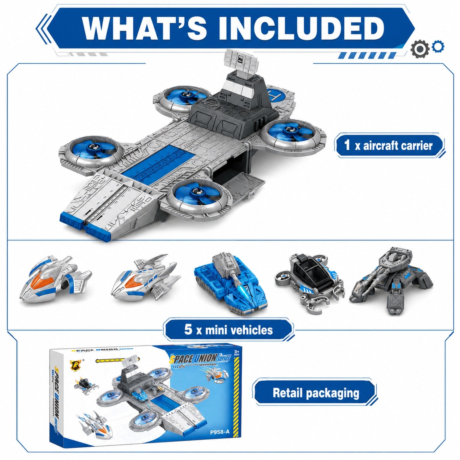 Space aircraft carrier playset with 5 mini vehicles included