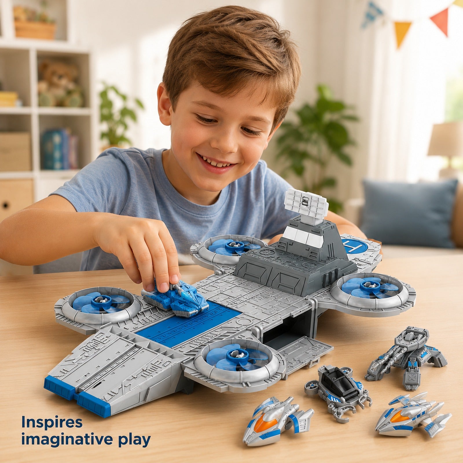 Space aircraft carrier toy vehicle playset lifestyle play scene