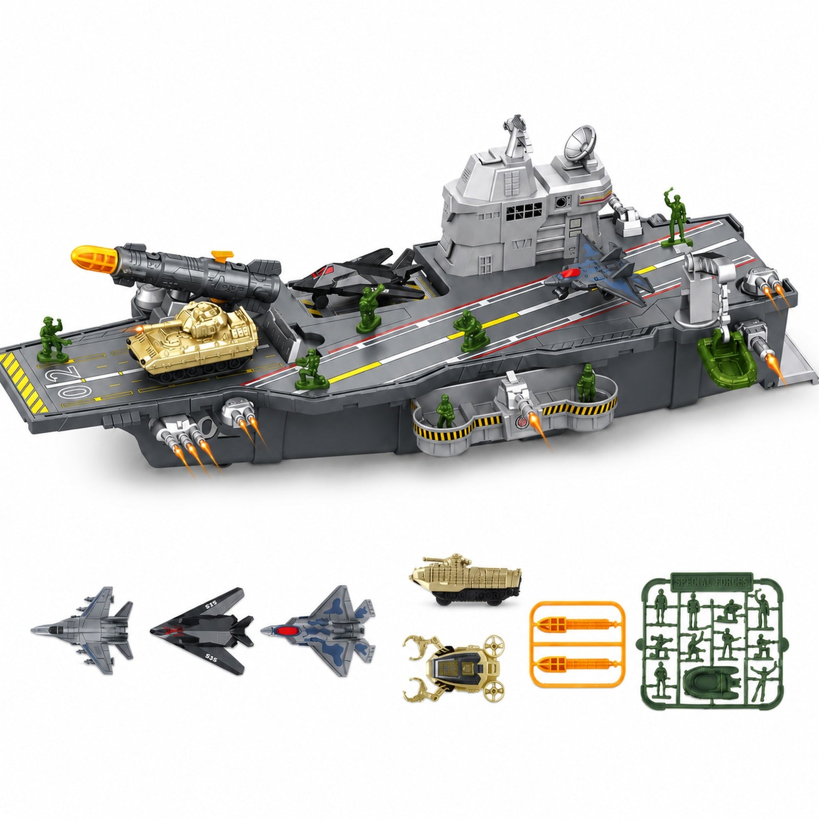 Aircraft carrier playset with toy aircraft vehicles and accessories