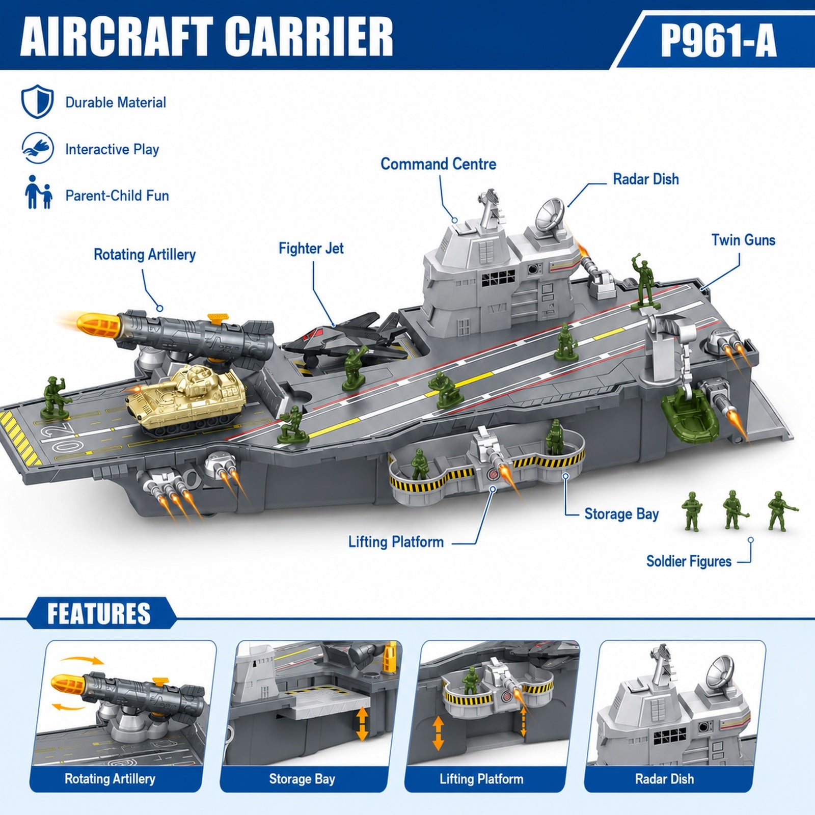 Aircraft carrier toy vehicle playset feature overview