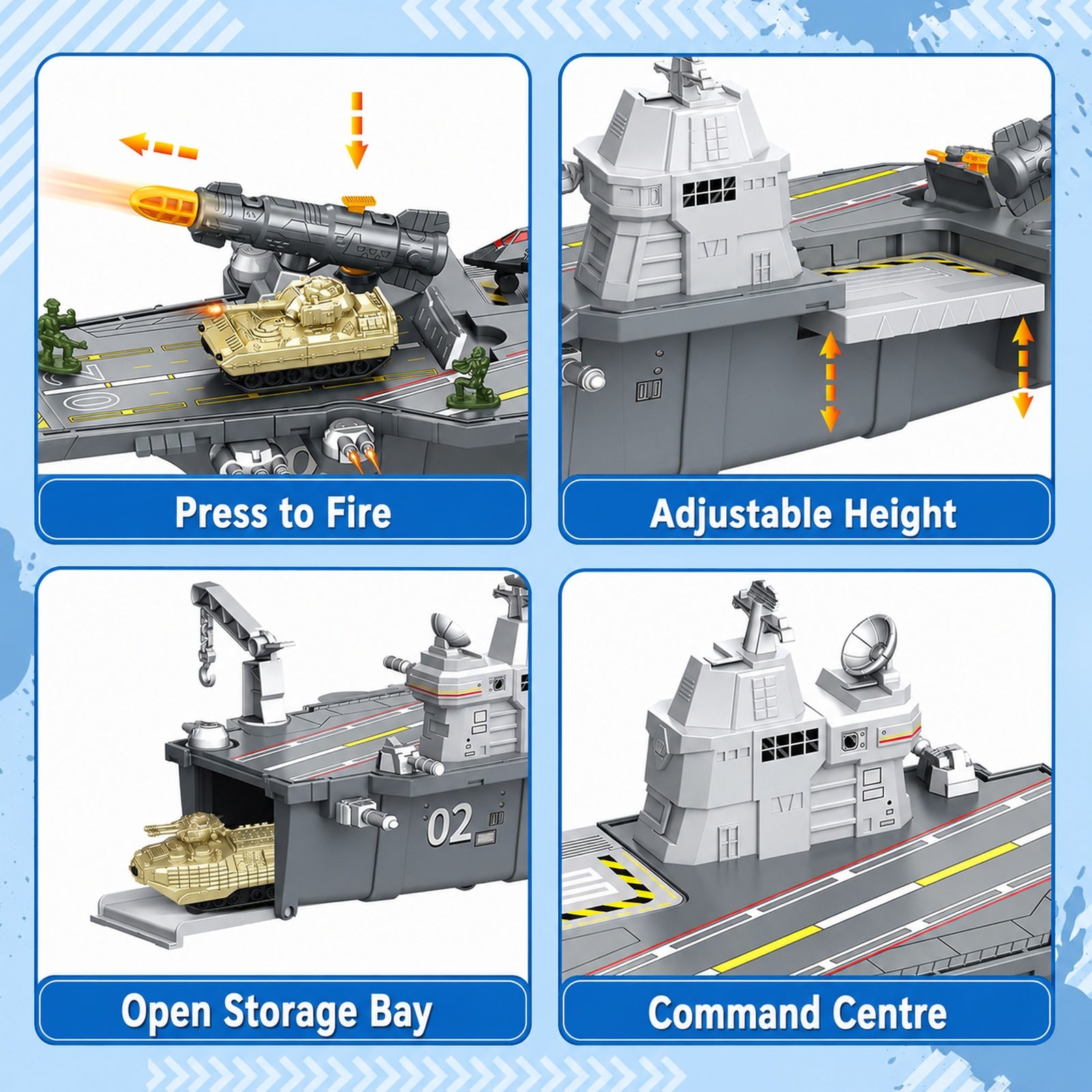 Aircraft carrier toy vehicle playset feature details