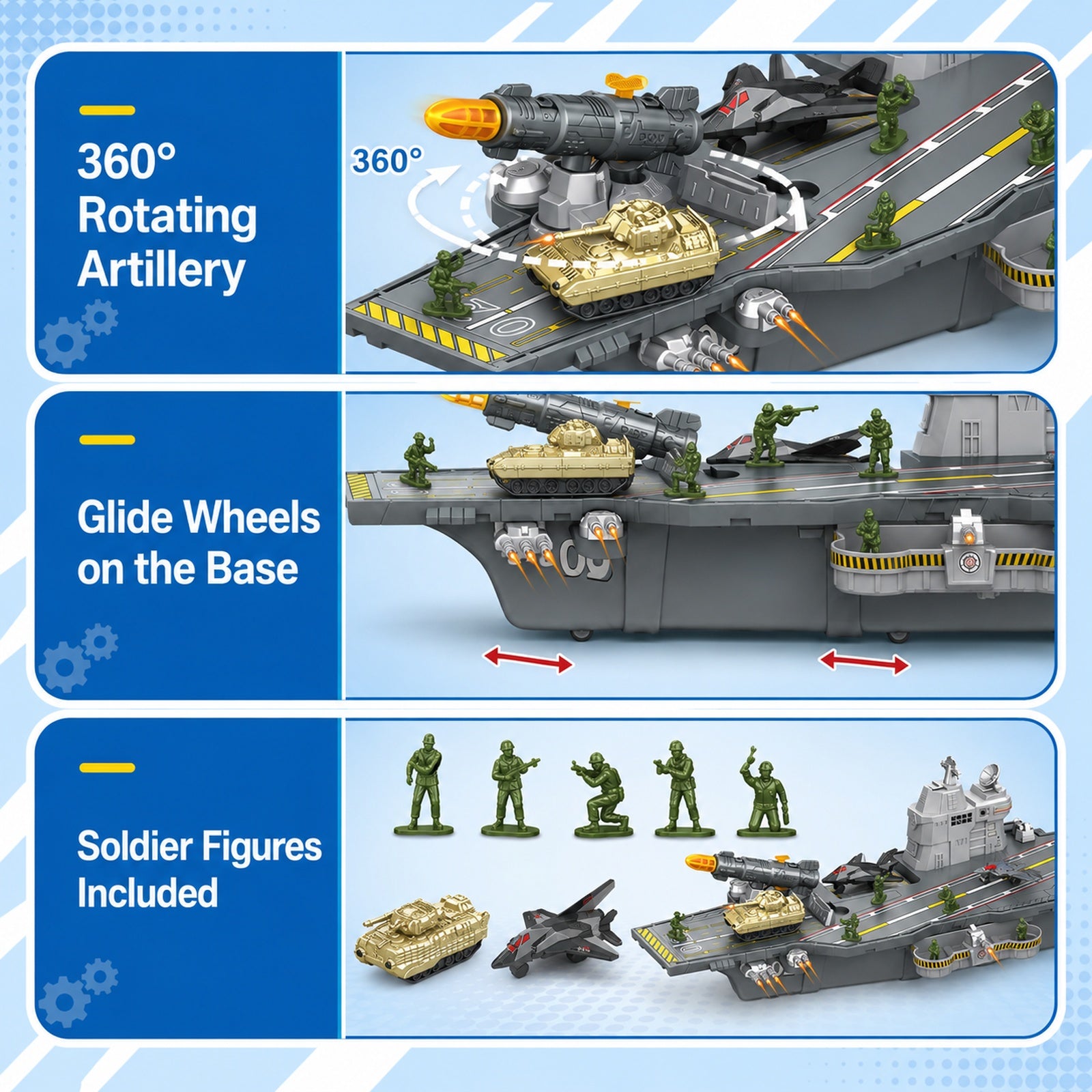 Aircraft carrier toy vehicle playset interactive features