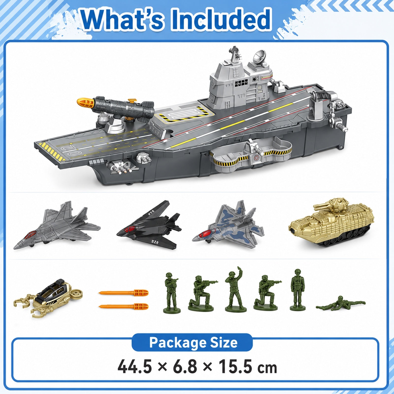 Aircraft carrier playset included items and package size information