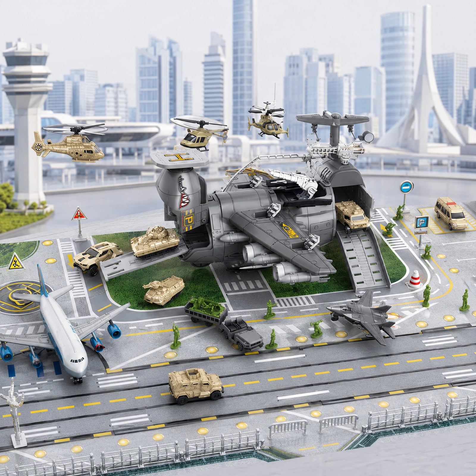 Military aircraft airport playset airport road mat play scene