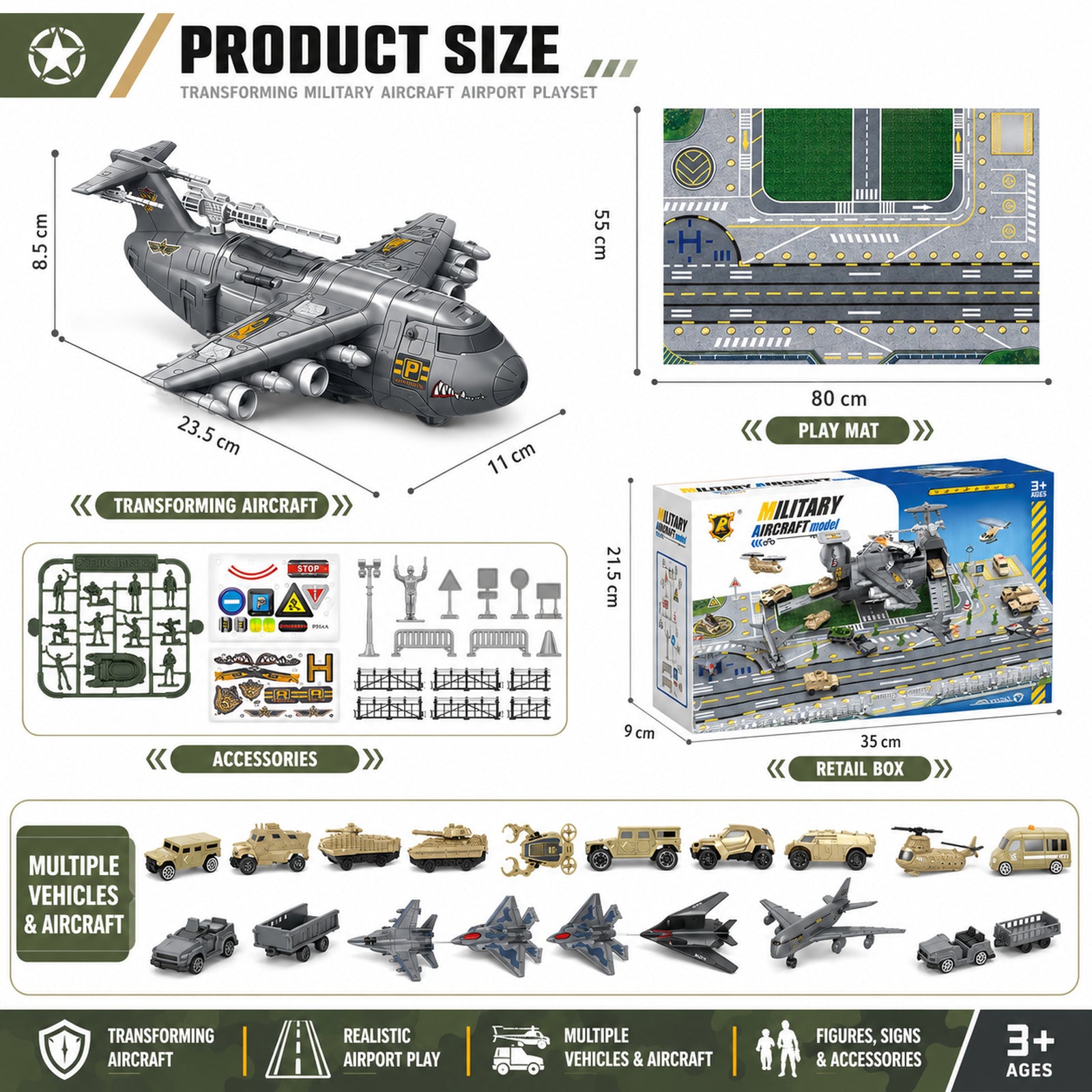Military aircraft airport playset product size information