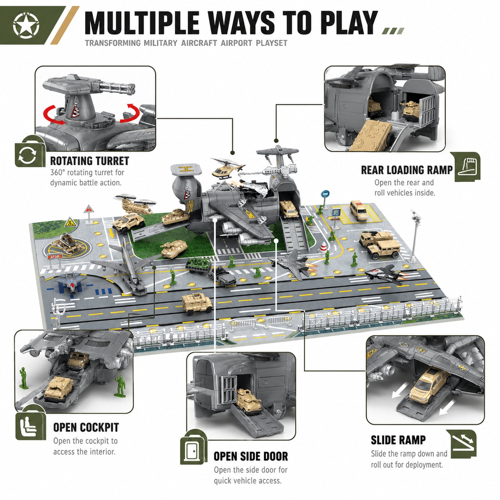 Military aircraft airport playset feature overview