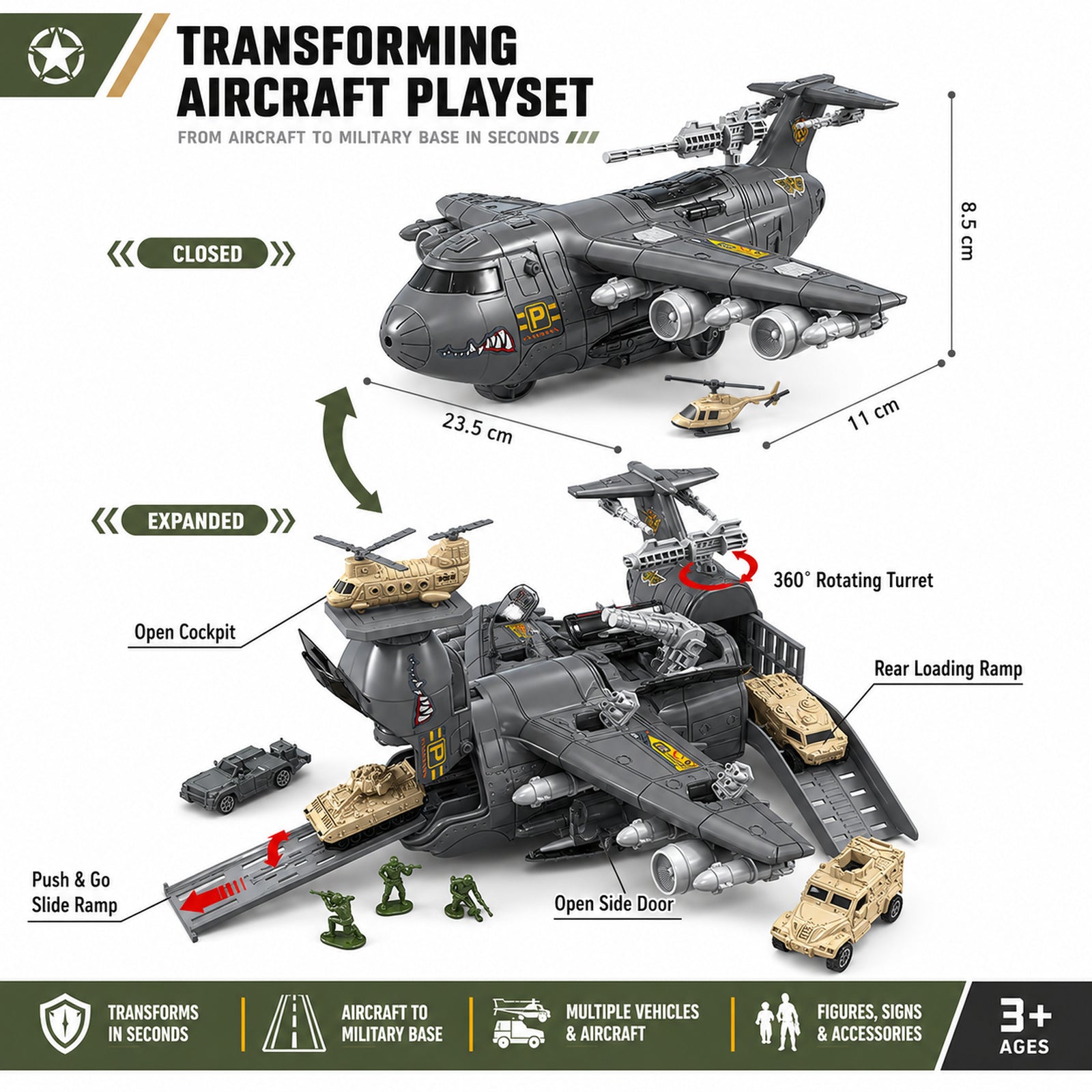 Military aircraft airport playset transforming aircraft details