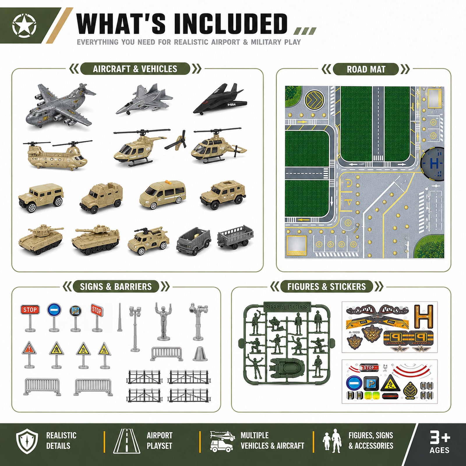 Military aircraft airport playset vehicles planes and accessories included