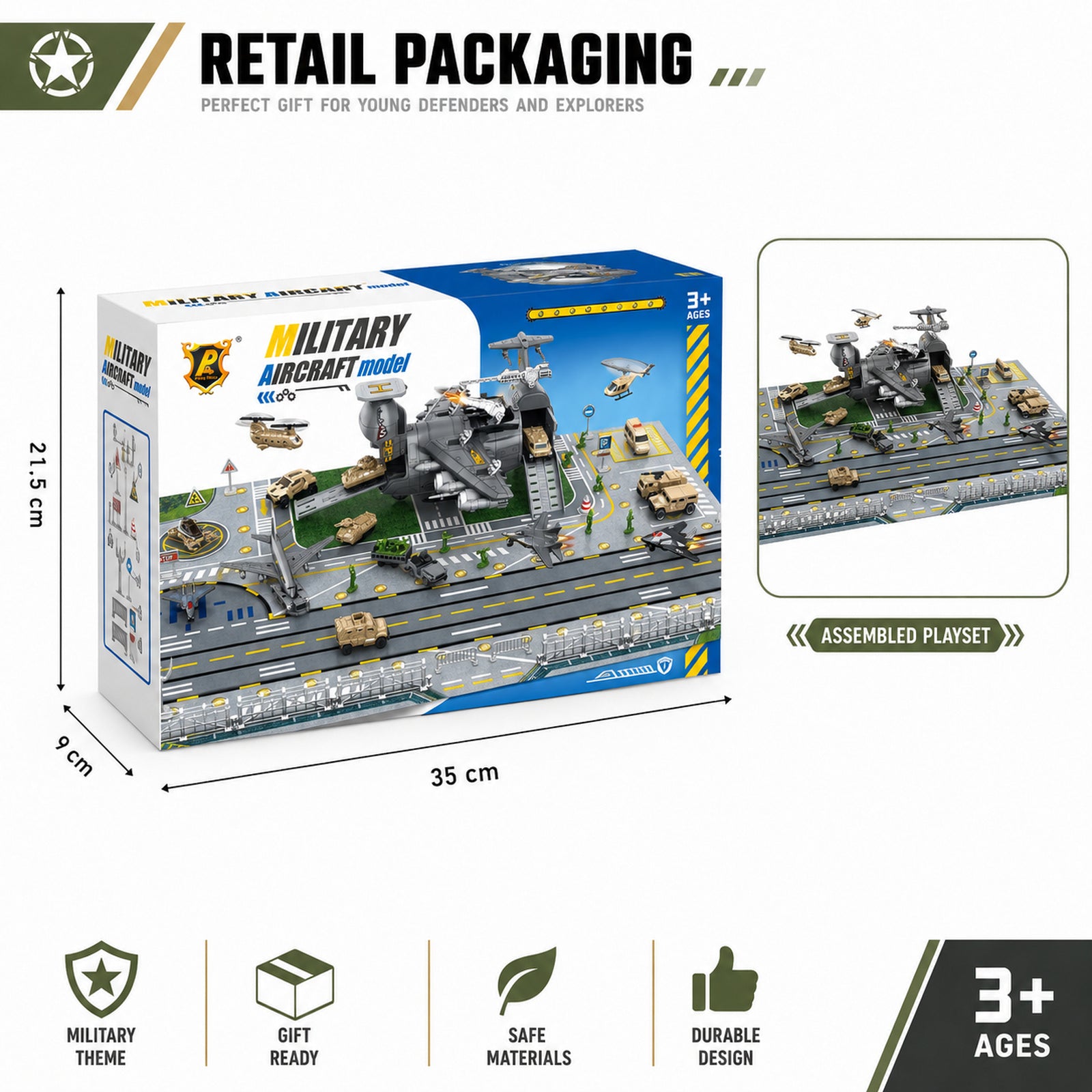 Military aircraft airport playset retail packaging