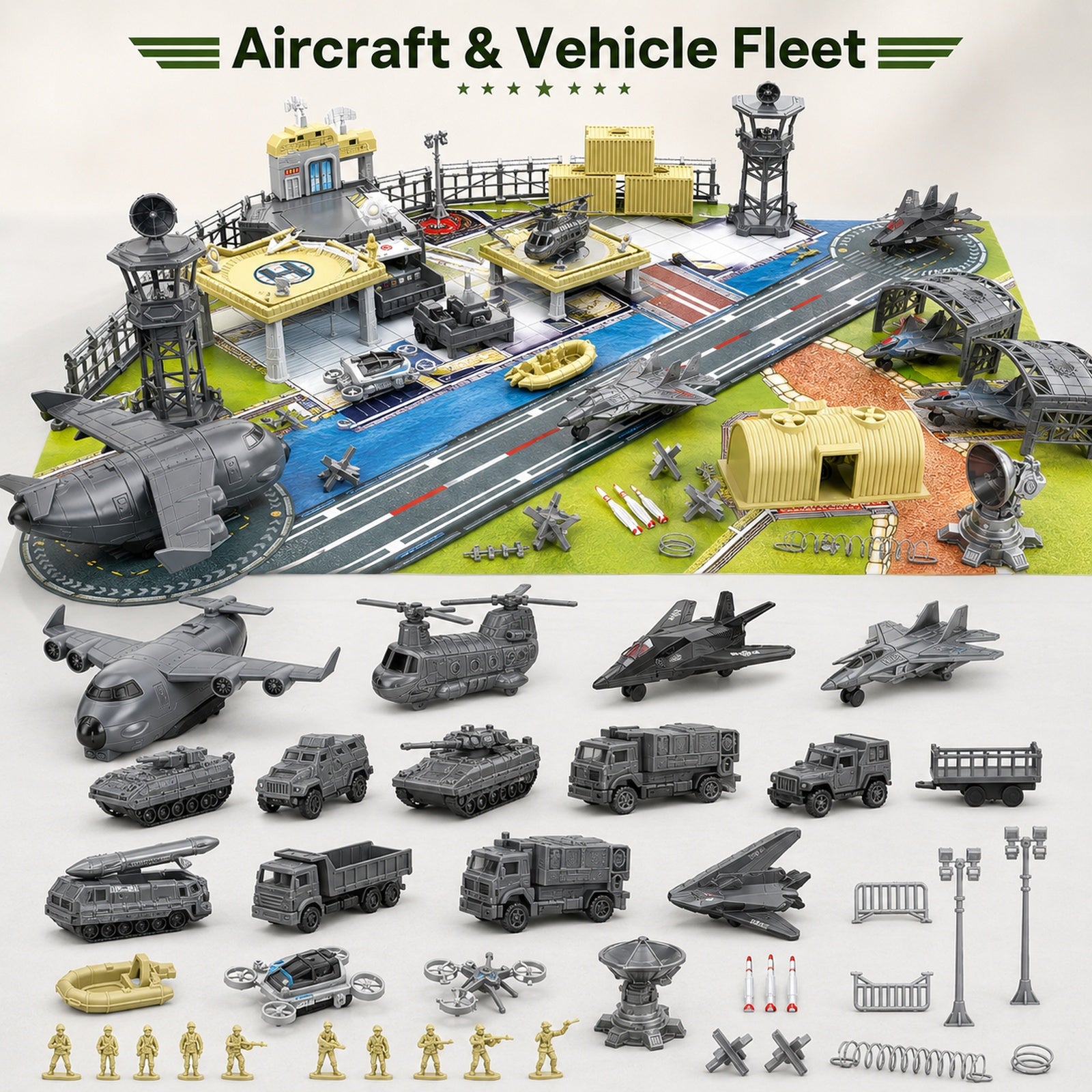 Military base playset aircraft and vehicle fleet display