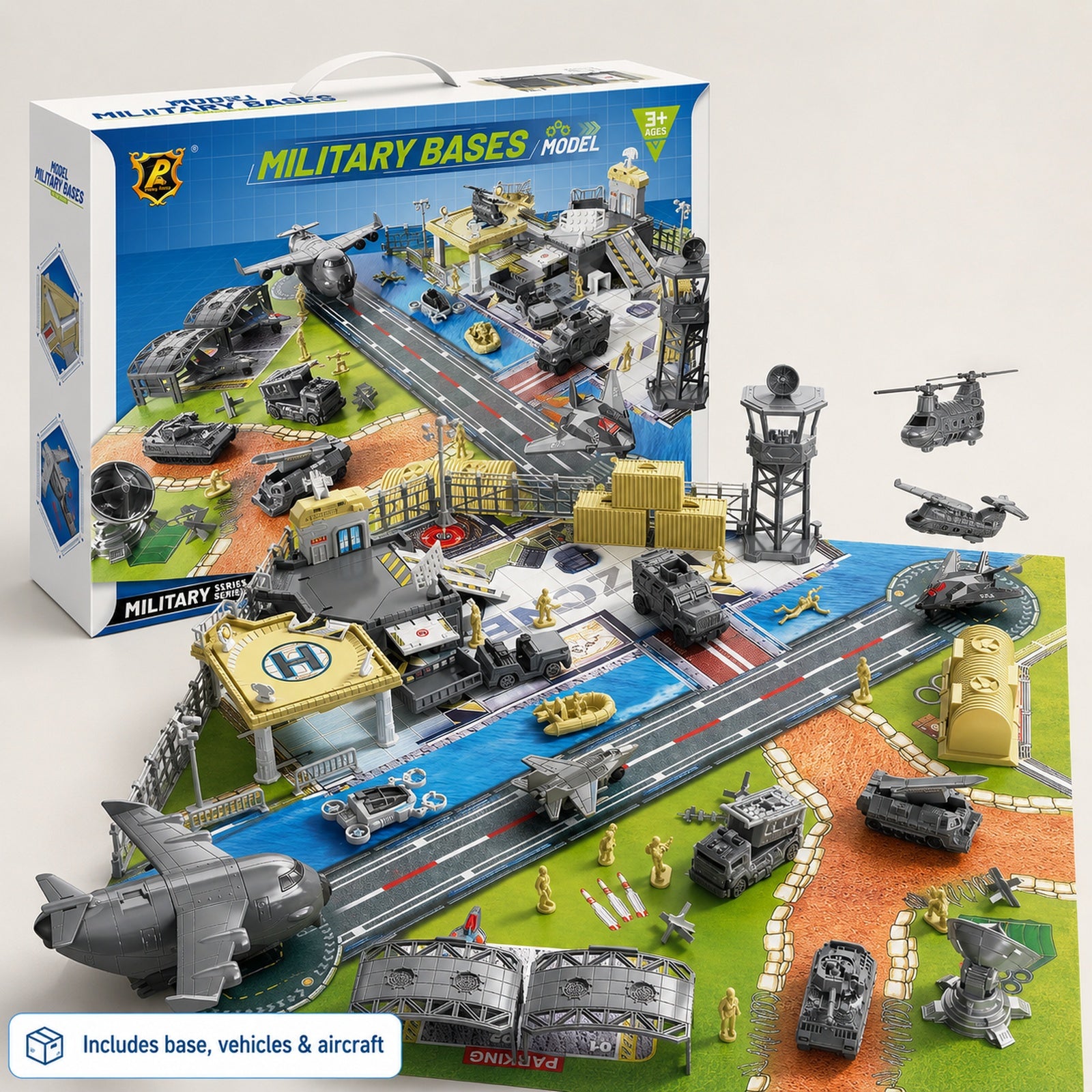 Military base playset packaging and included contents
